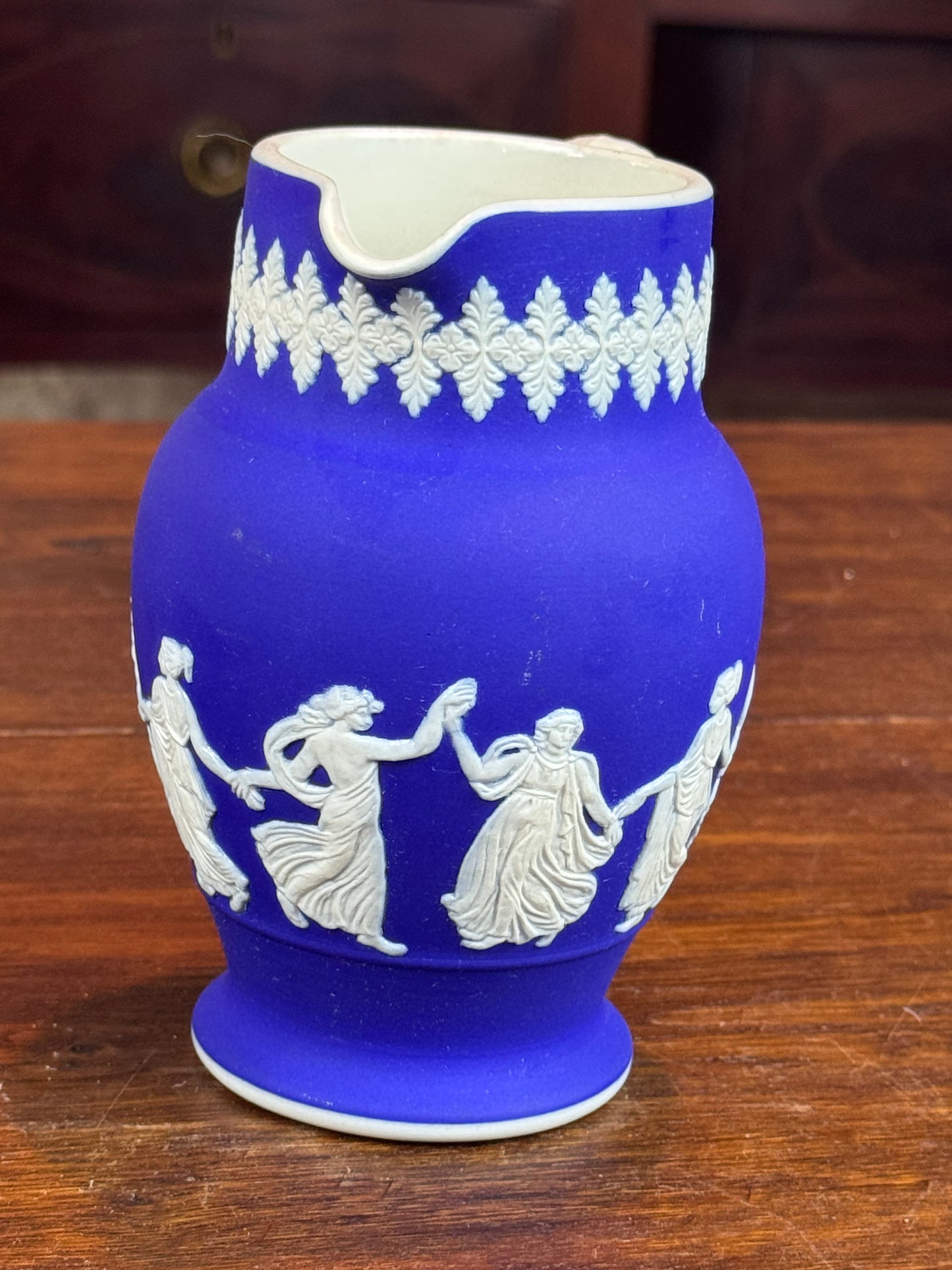 Vintage Dudson Hanley Jasper Ware Pitcher Jug Cobalt Blue Dancing Figures 5.5”