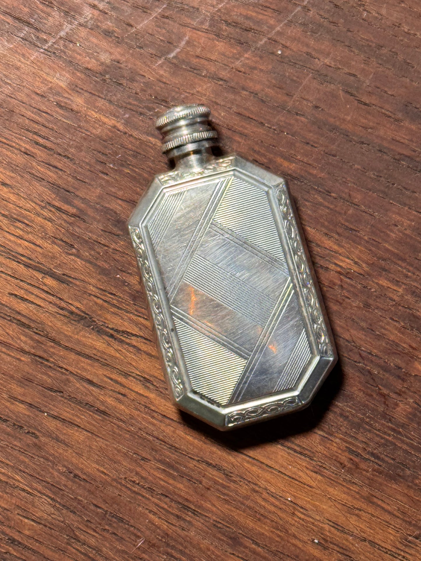 800 Silver Perfume Bottle Art Deco Engine Turned 2.25” Antique