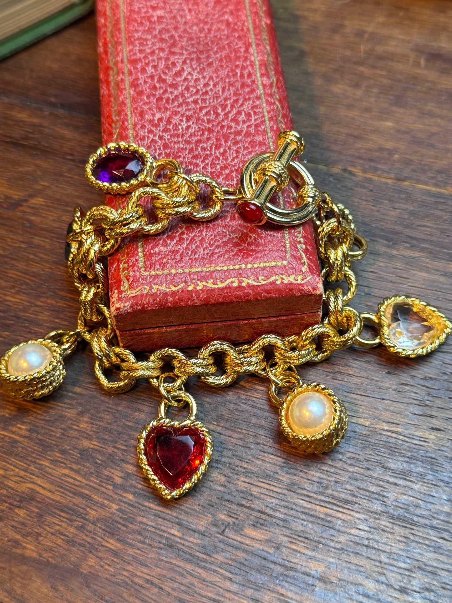 1980s Vintage Charm Bracelet Chunky “Givenchy” Attributed Unsigned Gold Tone Designer Style 6.5” with 7 Charms