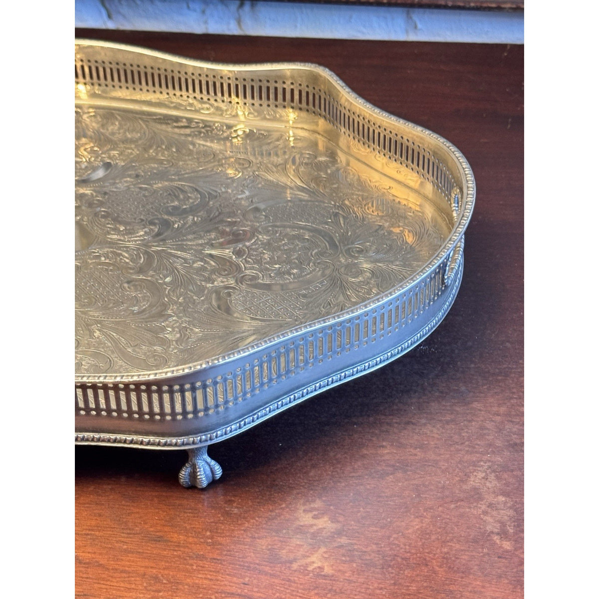 Silverplate Gallery Tray SHEFFIELD Serpentine Reticulated Chased Footed 18”