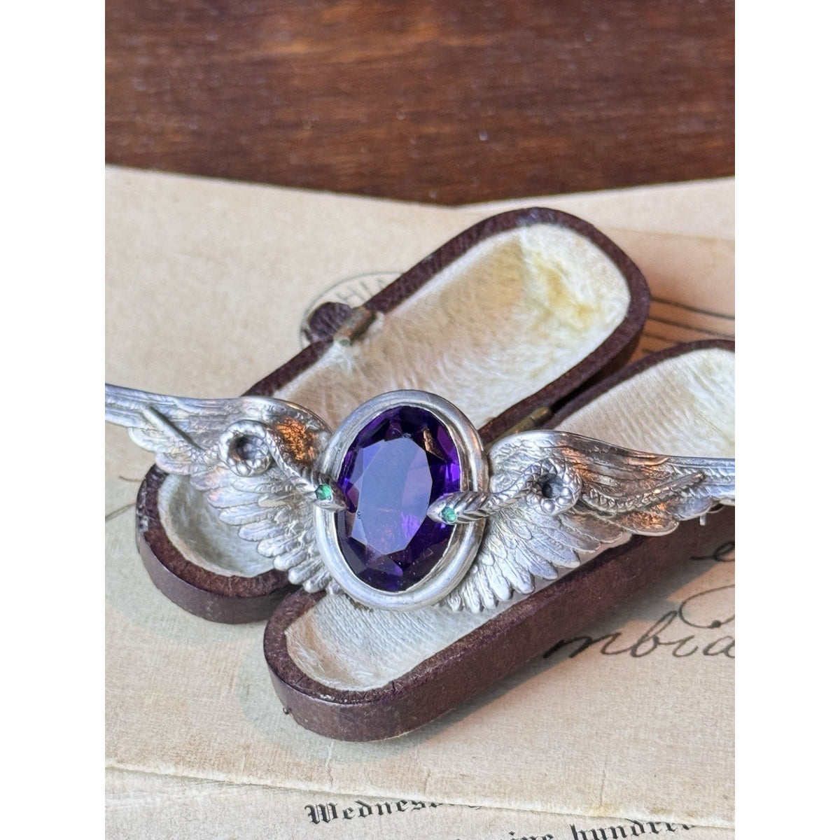 Sterling Isis Brooch Egyptian Revival Purple & Green Stones 3” x .75”