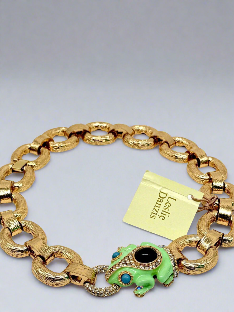 Vintage NWT Leslie Danzig Frog Necklace Goldtone Enameled Rhinestone Collar