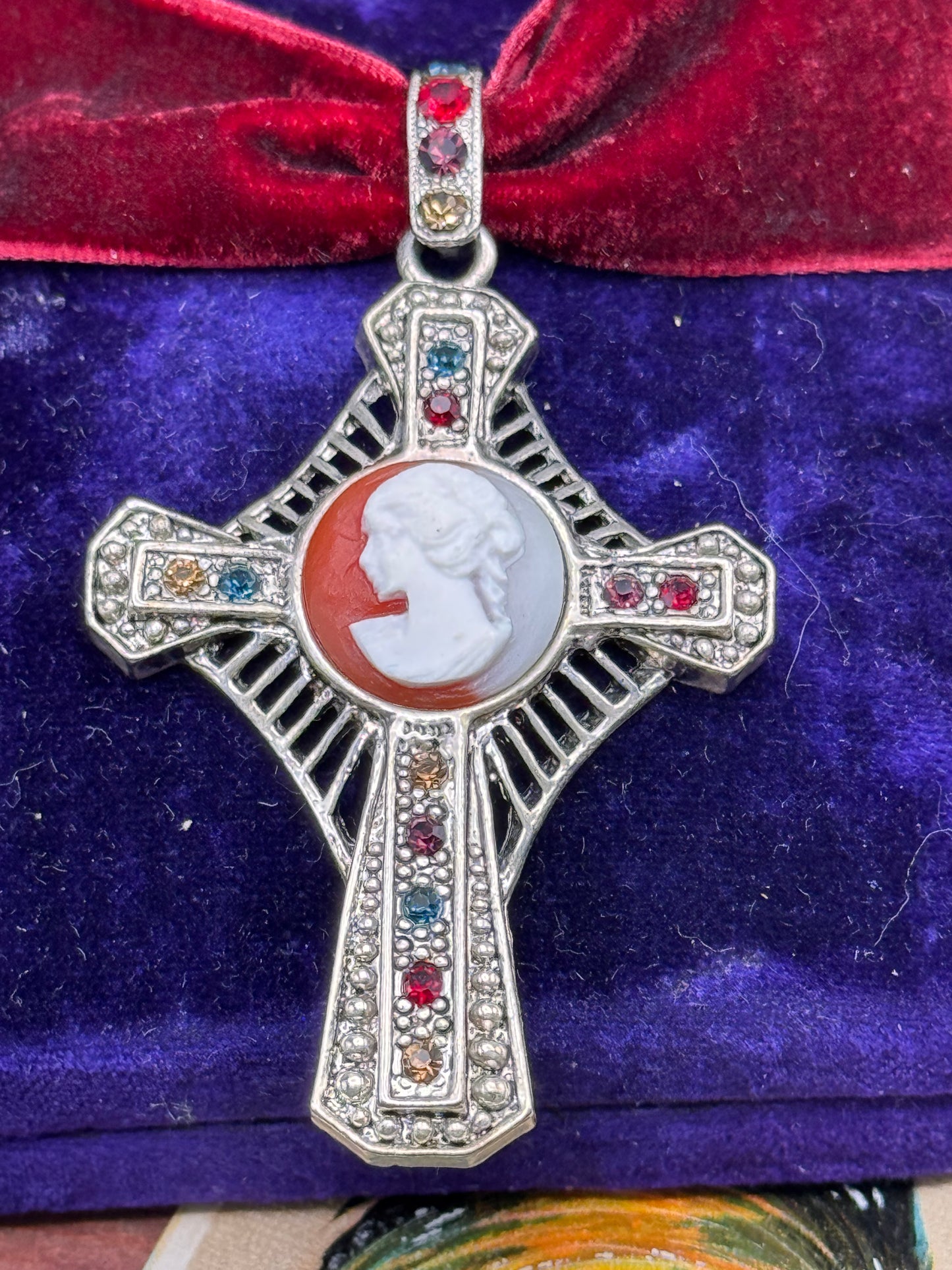 Vintage Cross Pendant Silvertone Cameo Rhinestone 2.25” Heirloom Style