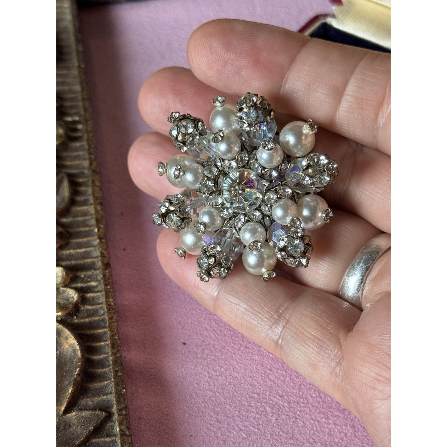 Vintage Brooch Faux Pearl Rhinestone Cluster Silvertone Crystal Bead Pin