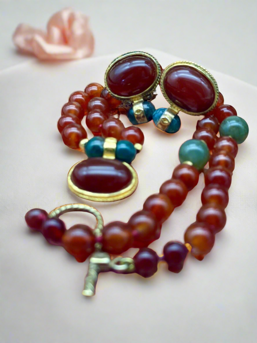 Vintage “Carnelian Jade”  Style Gold Plated Necklace & Earrings By JADED SIGNED