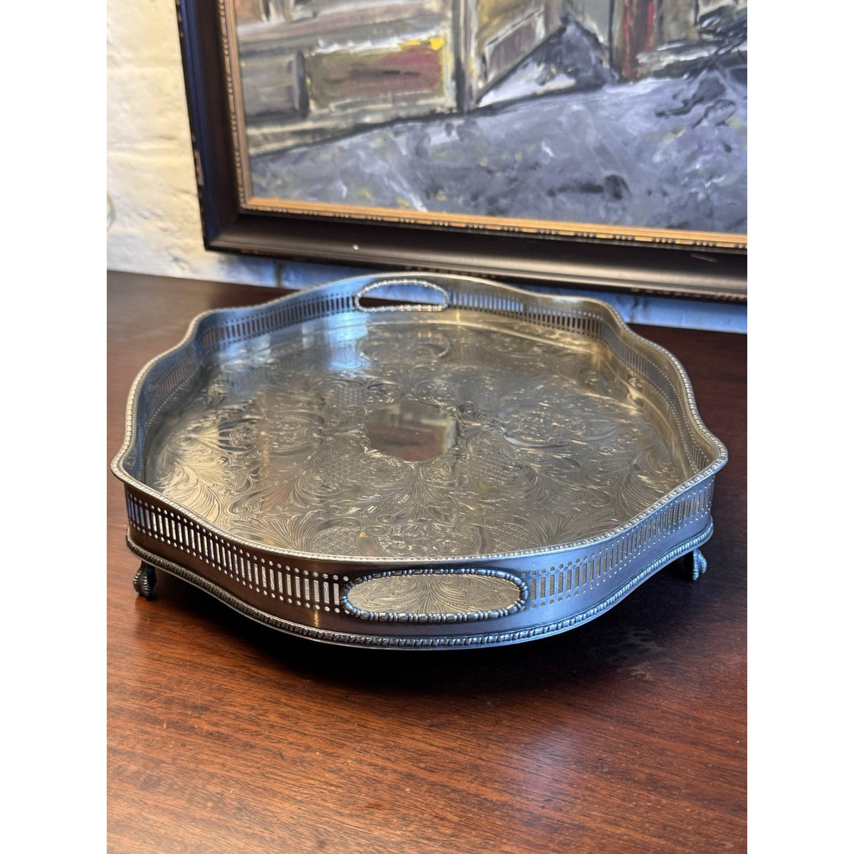 Silverplate Gallery Tray SHEFFIELD Serpentine Reticulated Chased Footed 18”