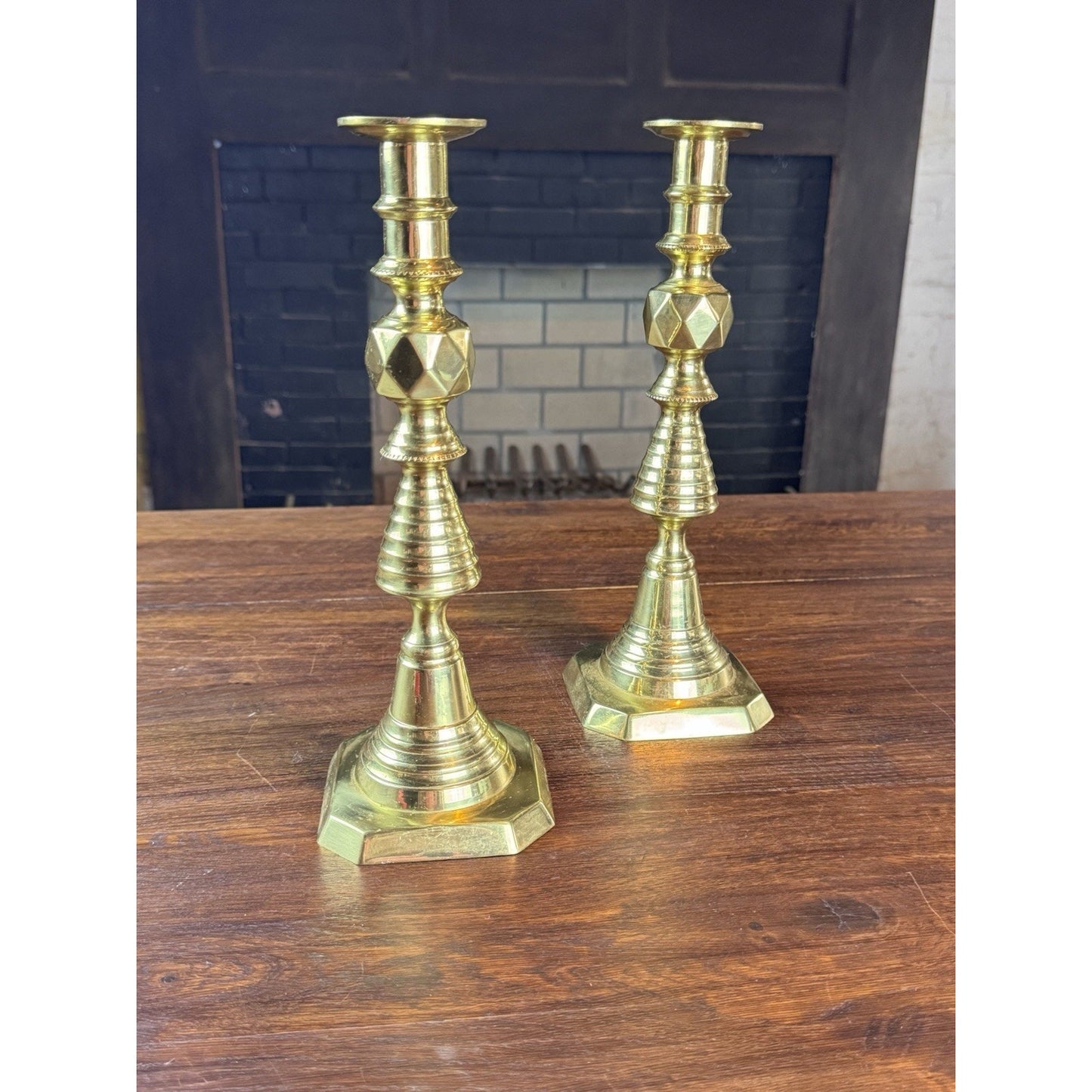 Brass Victorian Style Beehive Candlesticks Push-Up Made in England 11.5” Pair