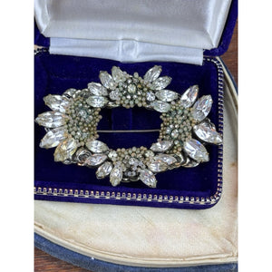VTG Miriam Haskell Brooch Rhinestone Seed Pearl Floral Wreath Signed 3” READ‼️