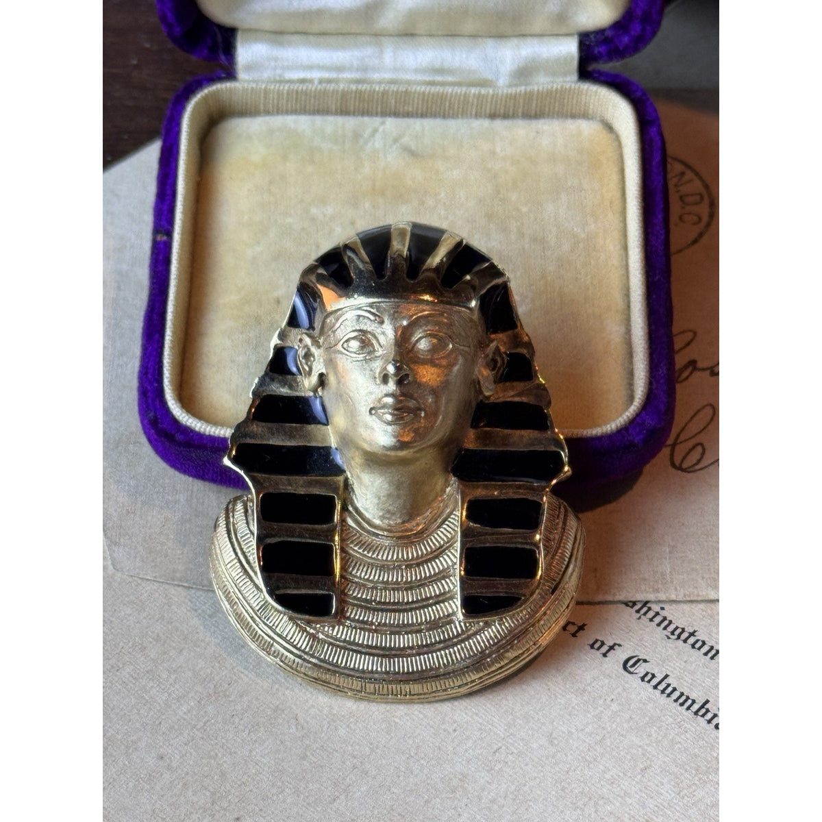 Pharaoh Tutankhamen Brooch Pendant E Pearl Egyptian Revival Black Enamel 2”