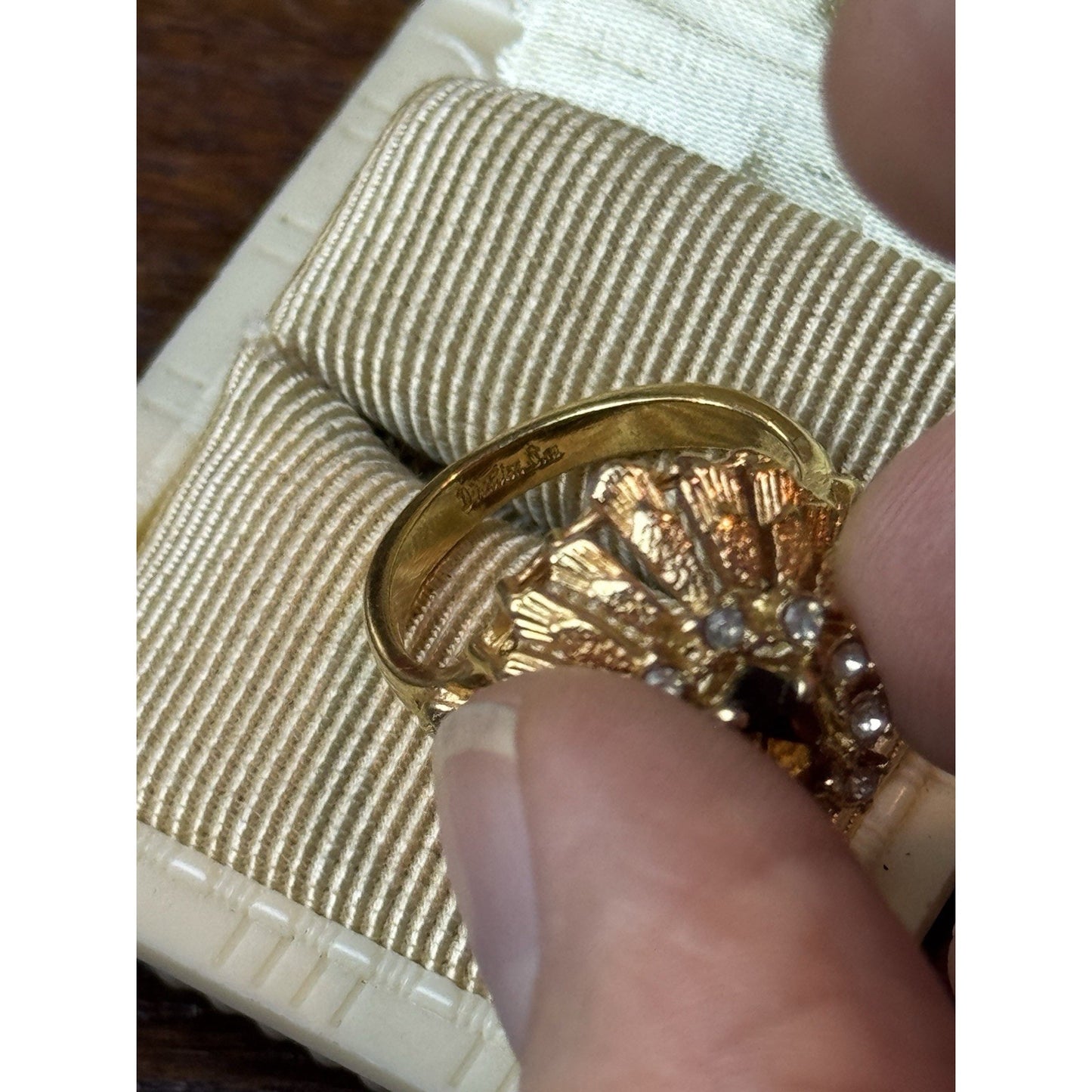 Cocktail Ring Size 8 Goldtone Brown Clear Rhinestone Statement Jewelry