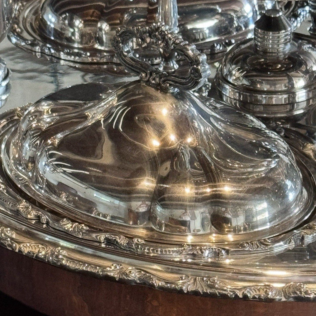 Silverplate Bain Marie Lazy Susan Server Chafing Dish 3 Covered Entree Set