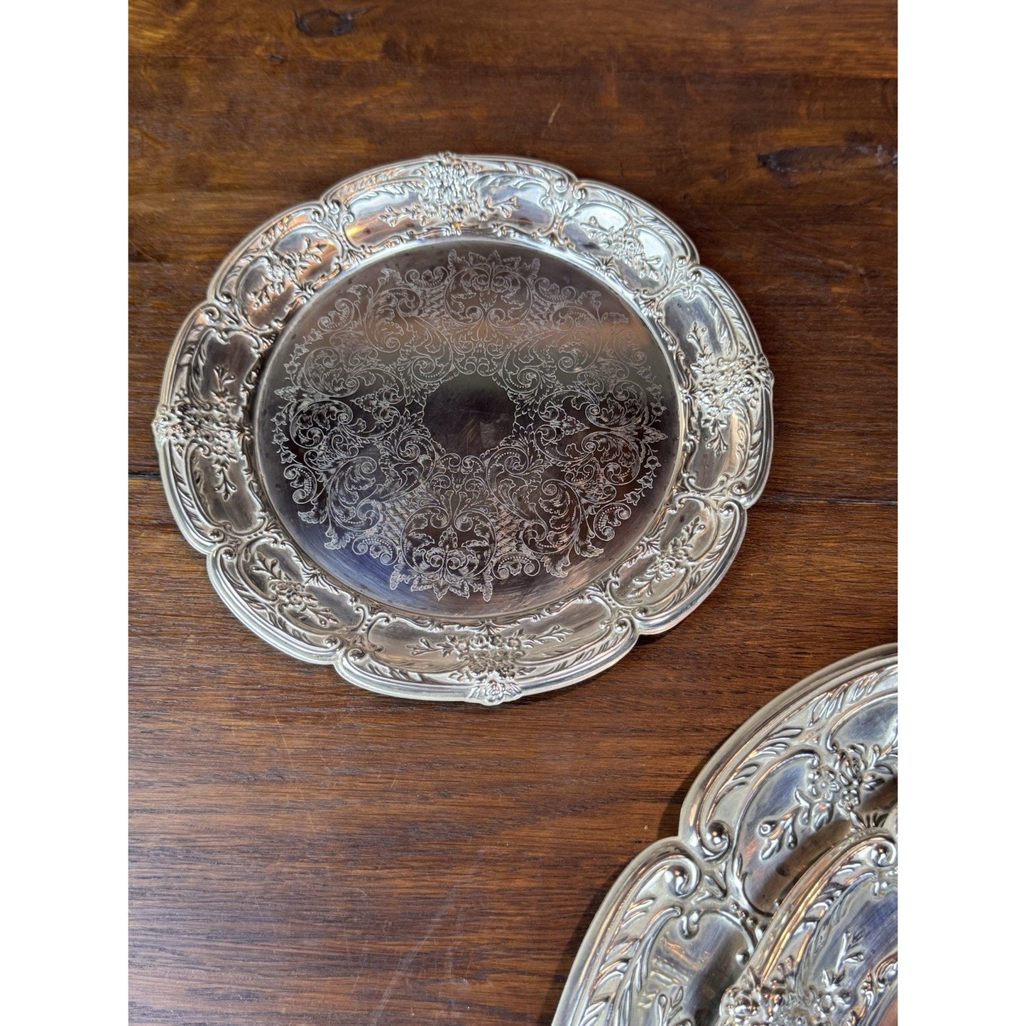 Silverplate Trays Set of 3 Leonard Repoussé Floral 14.5” 10.5” 8” VINTAGE