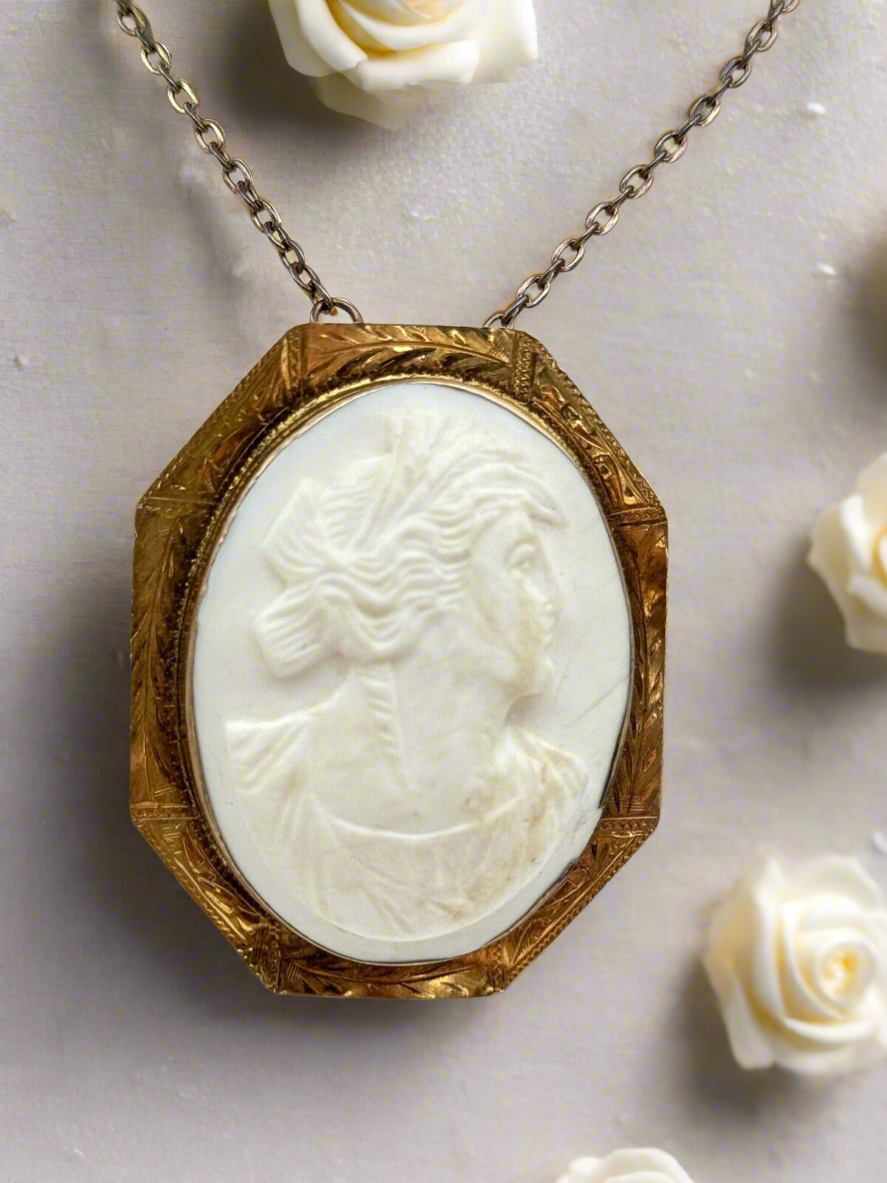 Antique 10kt Gold White Carved Coral Cameo Brooch Pendant Chased Frame EDWARDIAN