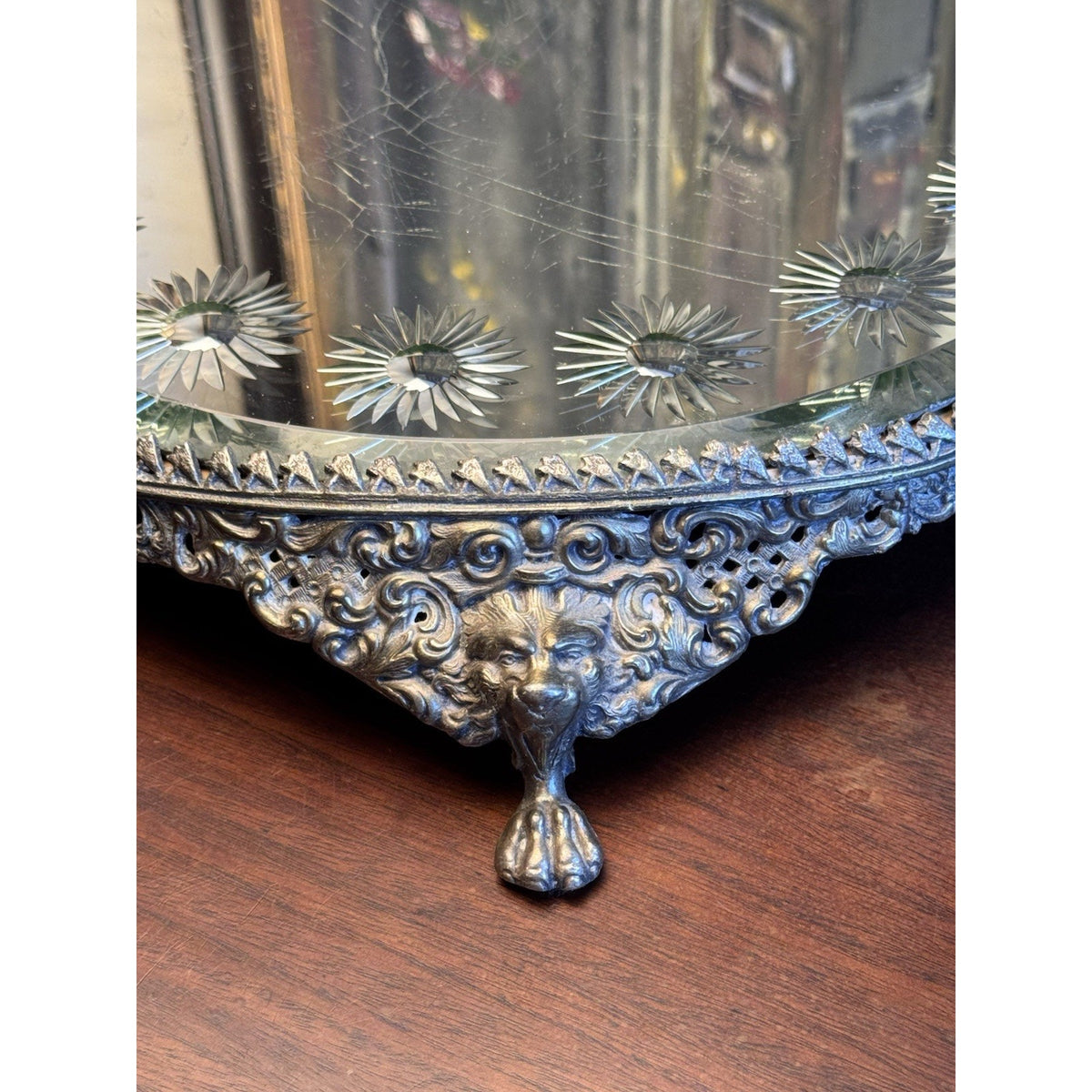 Mirror Plateau Ornate Silvertone Lion Head Paws Beveled Round Top SCRATCHED