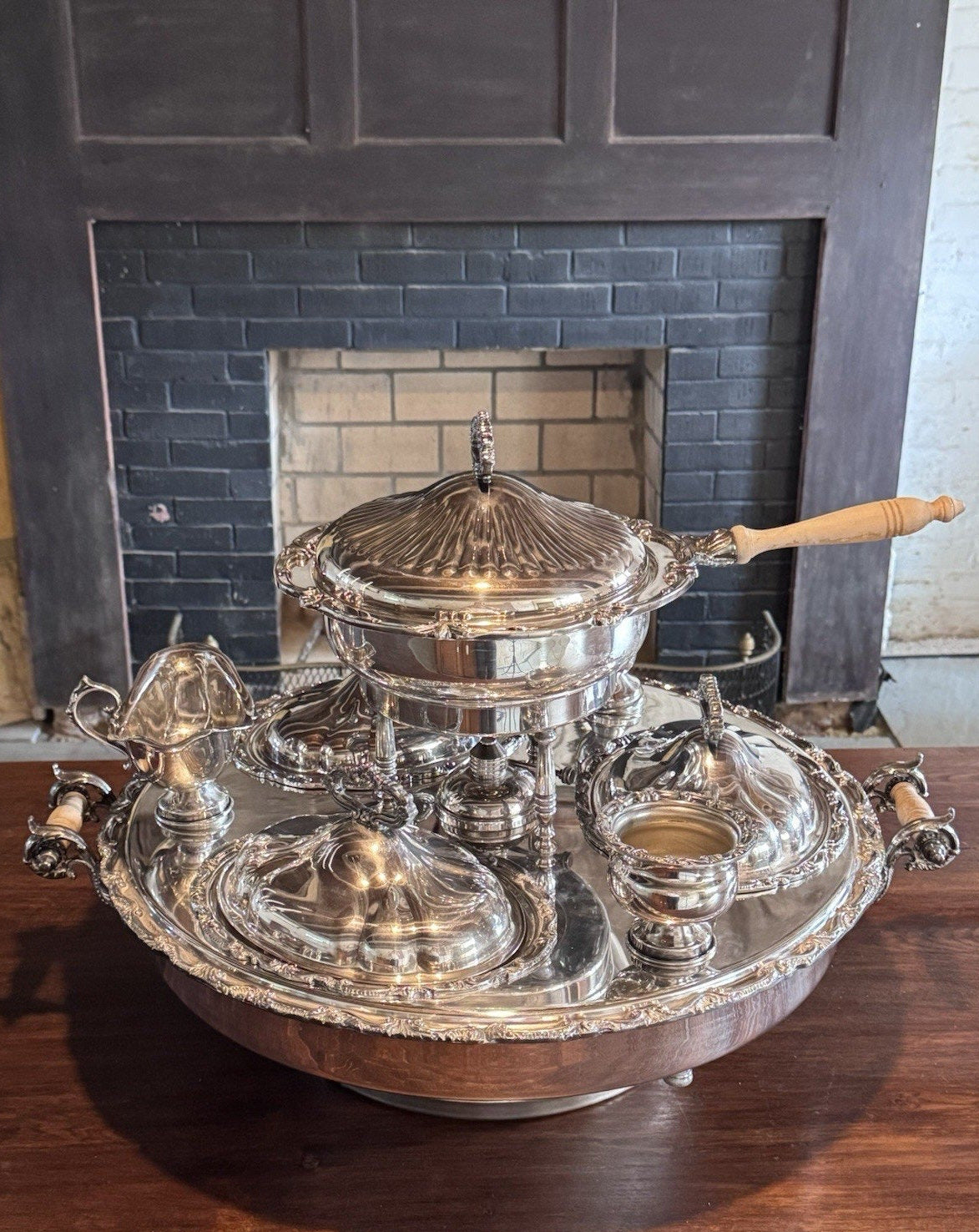 Silverplate Bain Marie Lazy Susan Server Chafing Dish 3 Covered Entree Set
