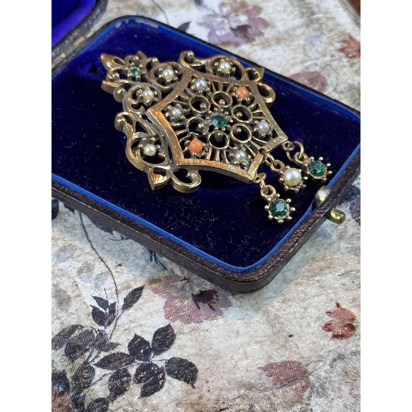 Vintage Jeweled Goldtone Brooch Faux Pearls Green Rhinestones Dangles 2.25”