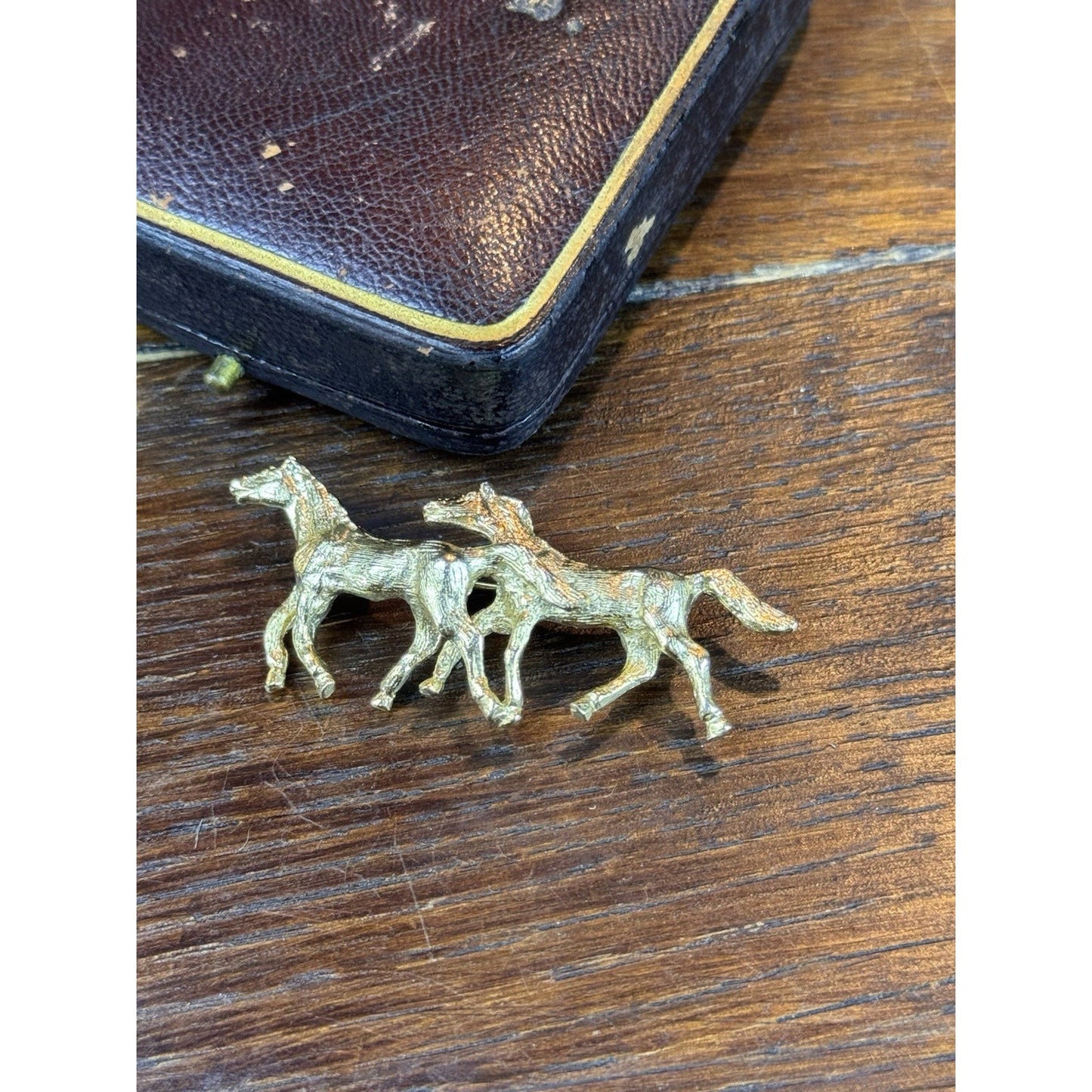 Vintage Horse Brooch Goldtone Two Running Horses Equestrian Pin 2.25” x 1”