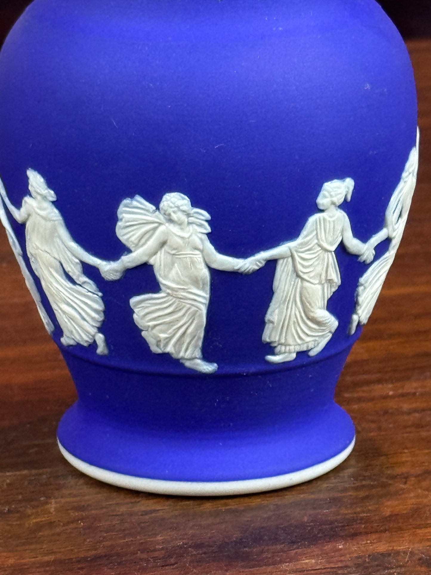 Vintage Dudson Hanley Jasper Ware Pitcher Jug Cobalt Blue Dancing Figures 5.5”