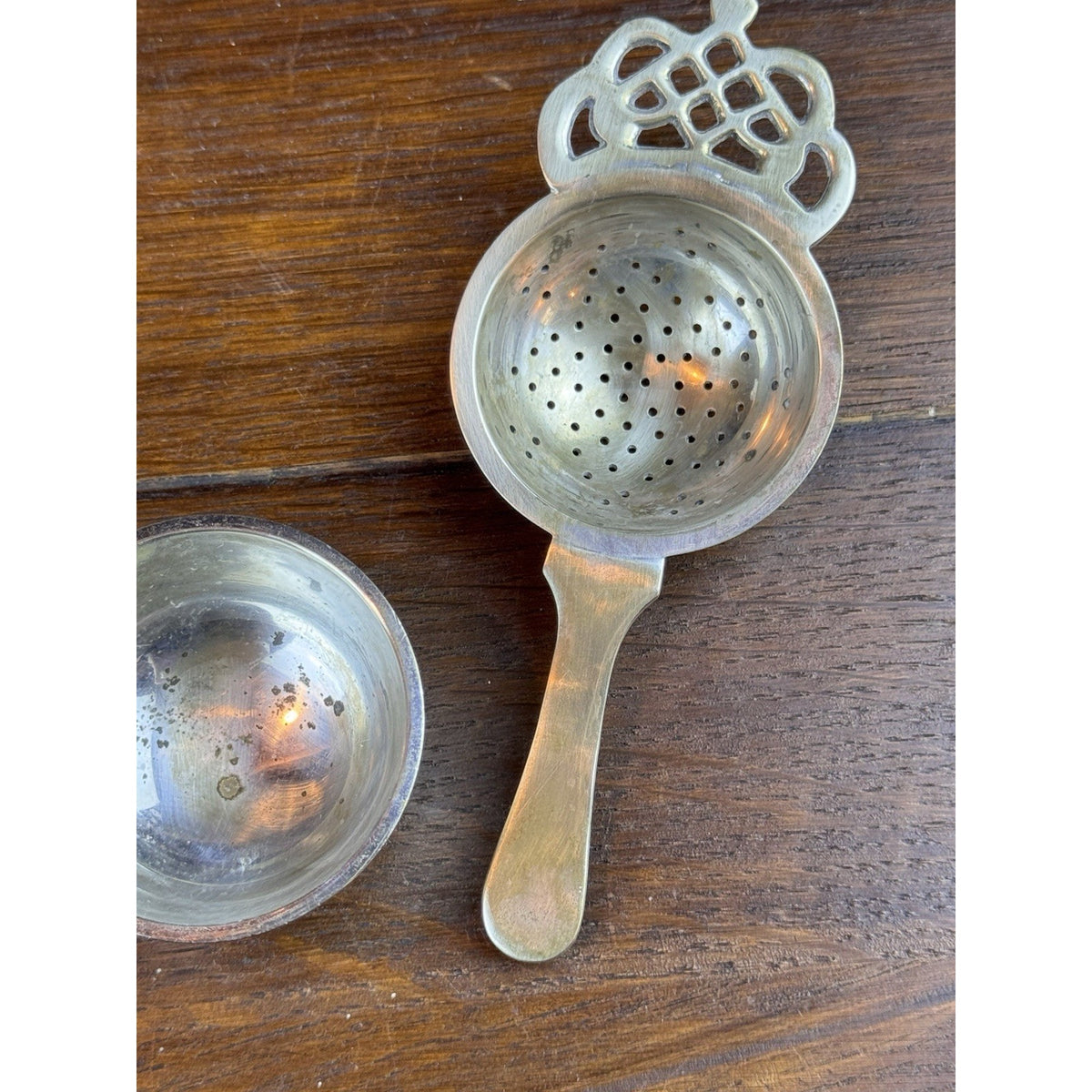 Vintage Silverplate Tea Strainer With Stand 9” Pierced Crown Handle Shabby Chic