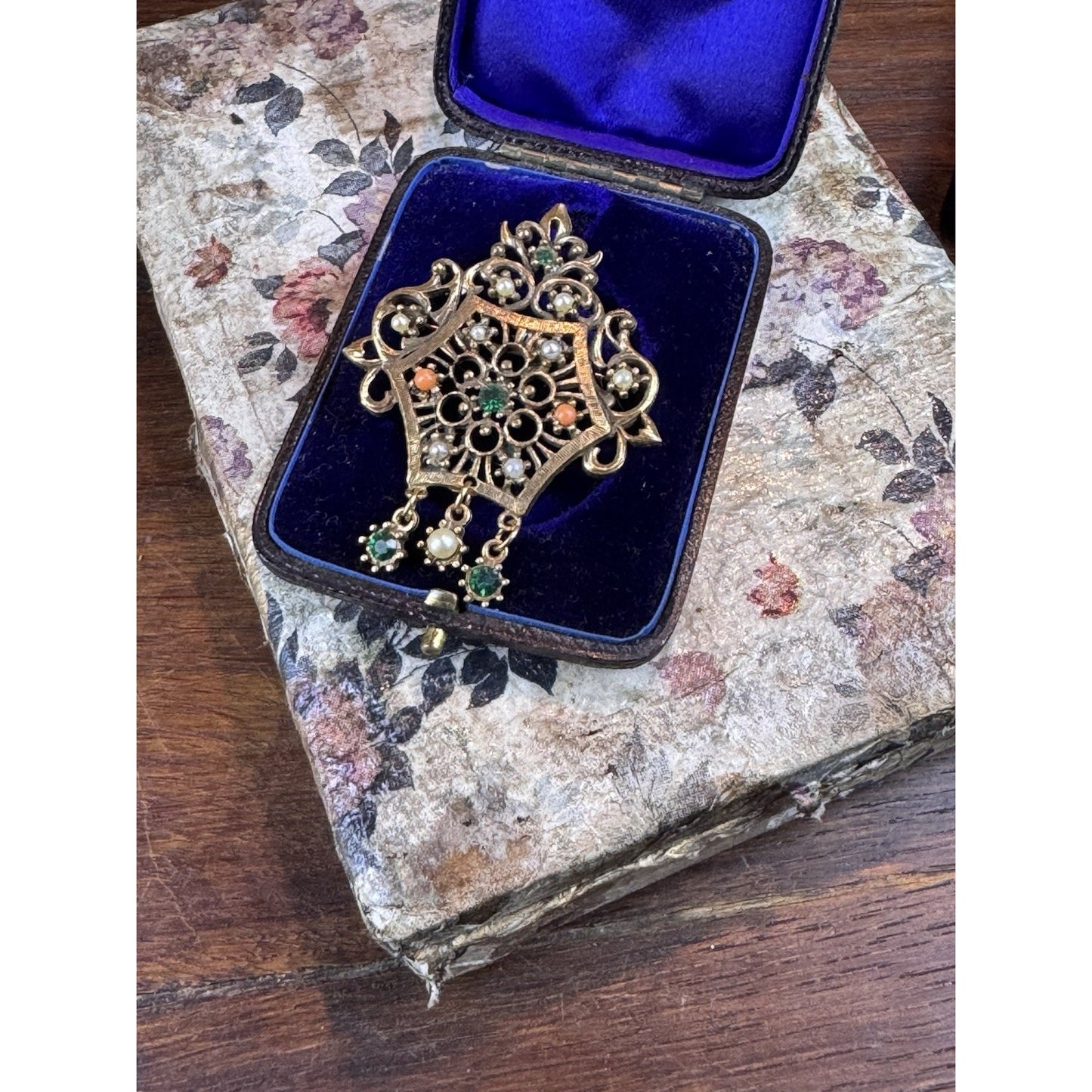 Vintage Jeweled Goldtone Brooch Faux Pearls Green Rhinestones Dangles 2.25”