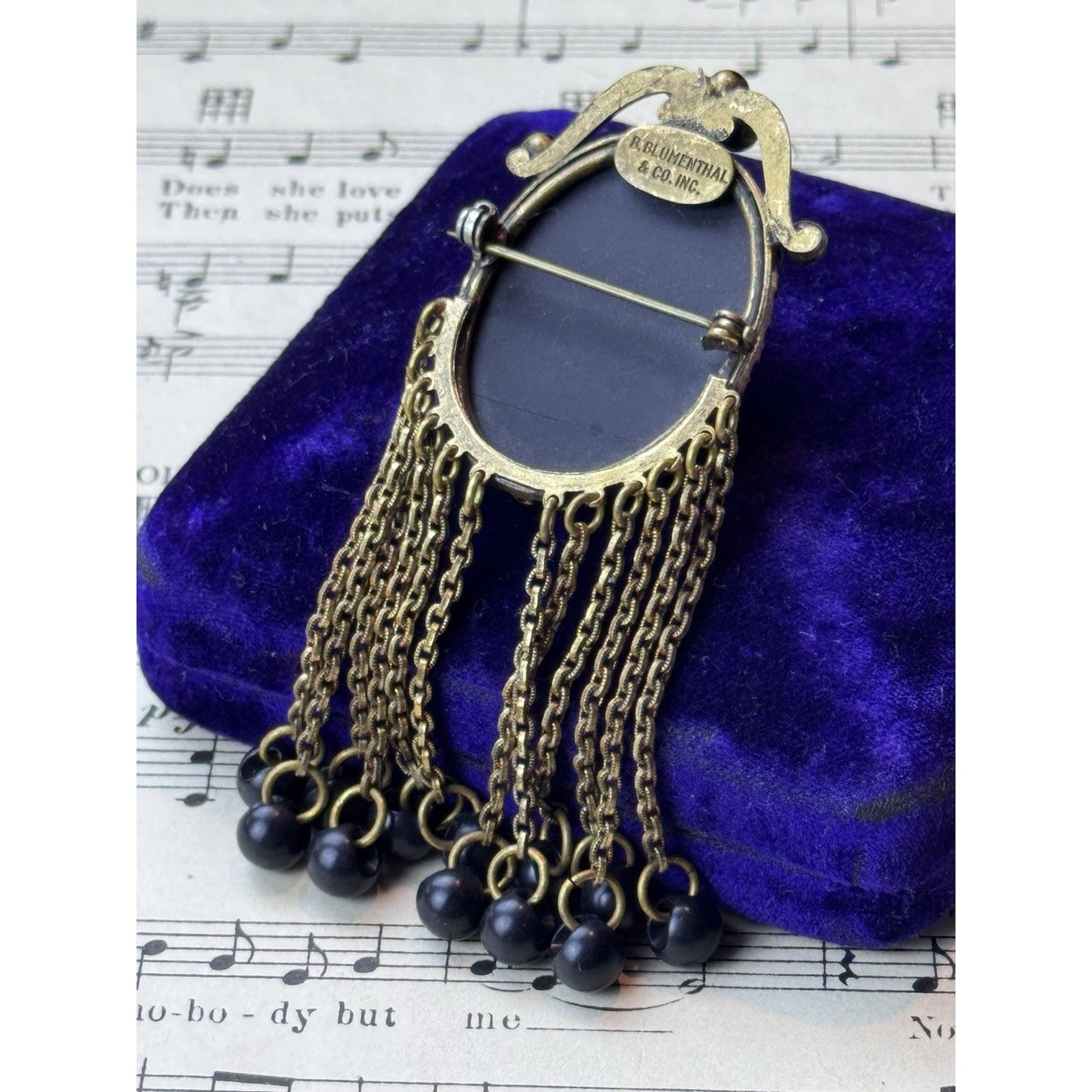 Black Cameo Brooch B Blumenthal & Co Goldtone Dangle Fringe 3.75” DAMAGED!