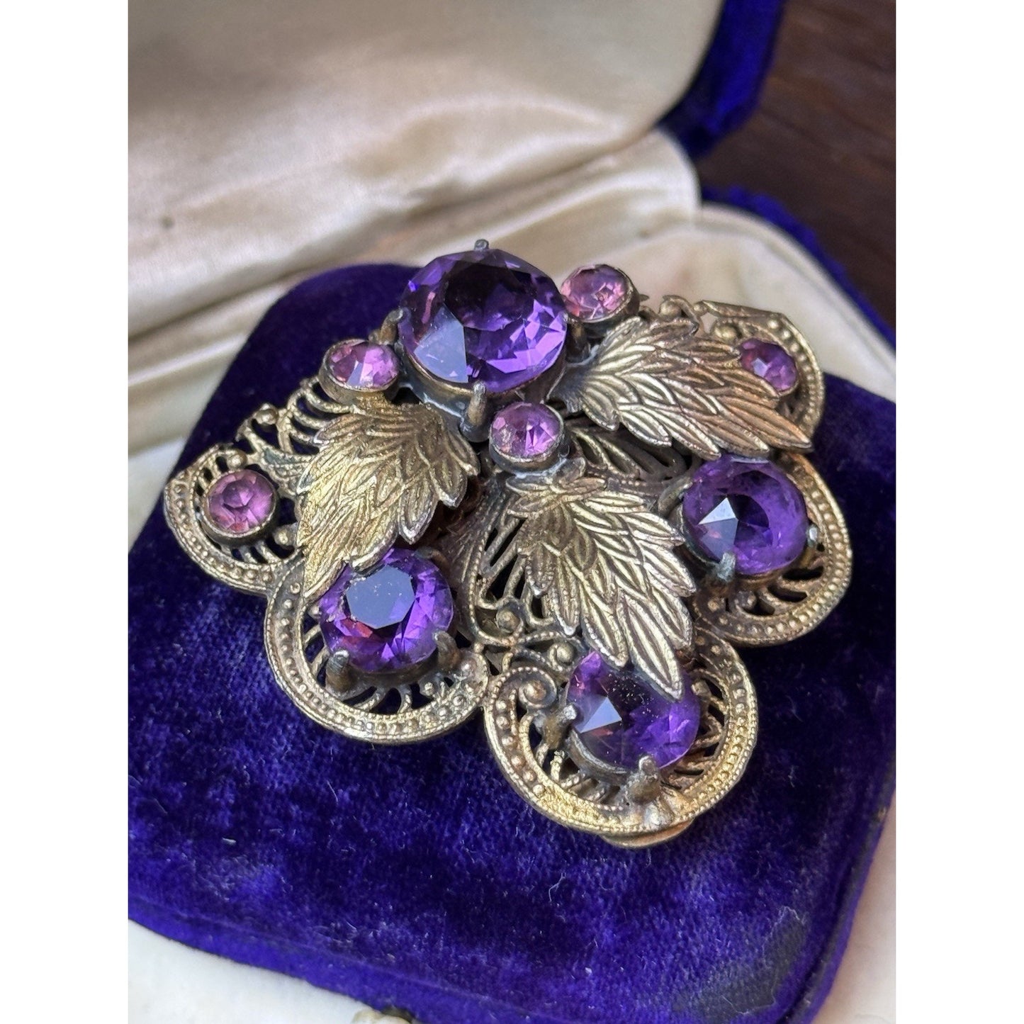 Antique Dress Clip Czech Style Purple Paste Goldtone Filigree Leaf Jewelry 1.75”