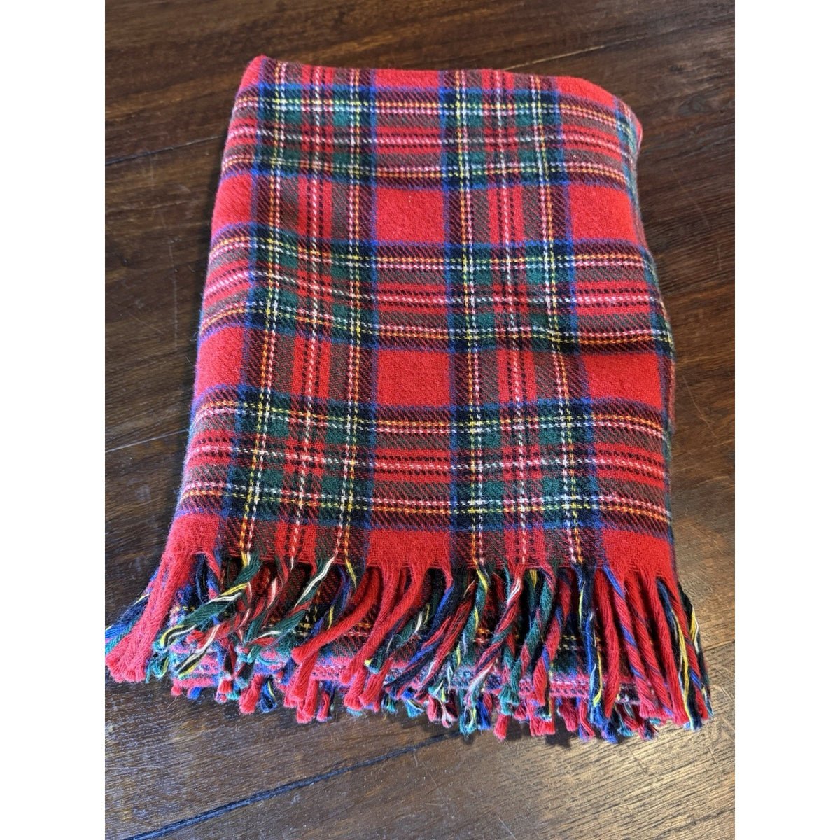 Pure Wool Plaid Throw Blanket Faribo Lands End Red Tartan Fringe 66” X 52” Vintage
