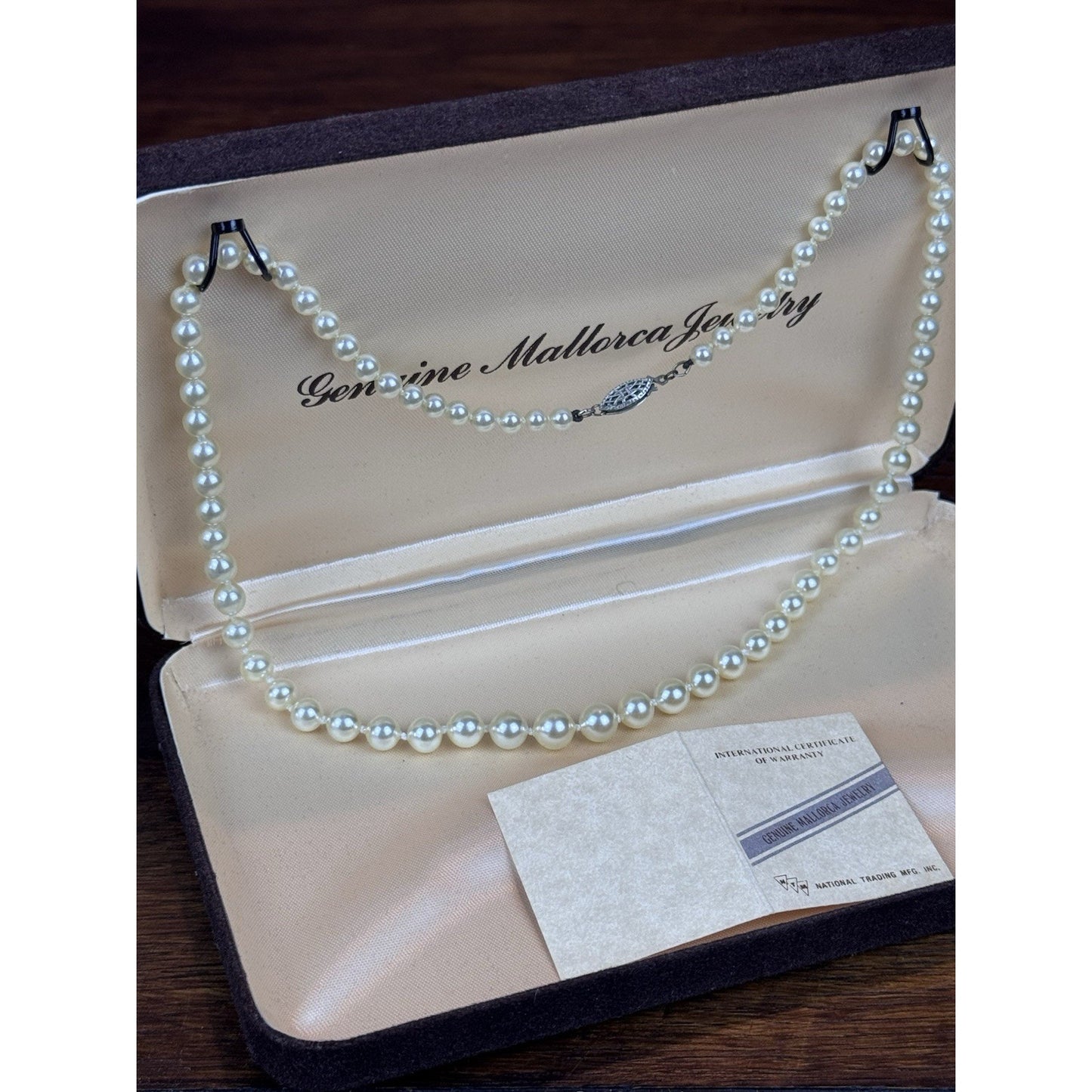 Vintage Mallorca Faux Pearl Necklace 19.5” Knotted Graduated Original Case