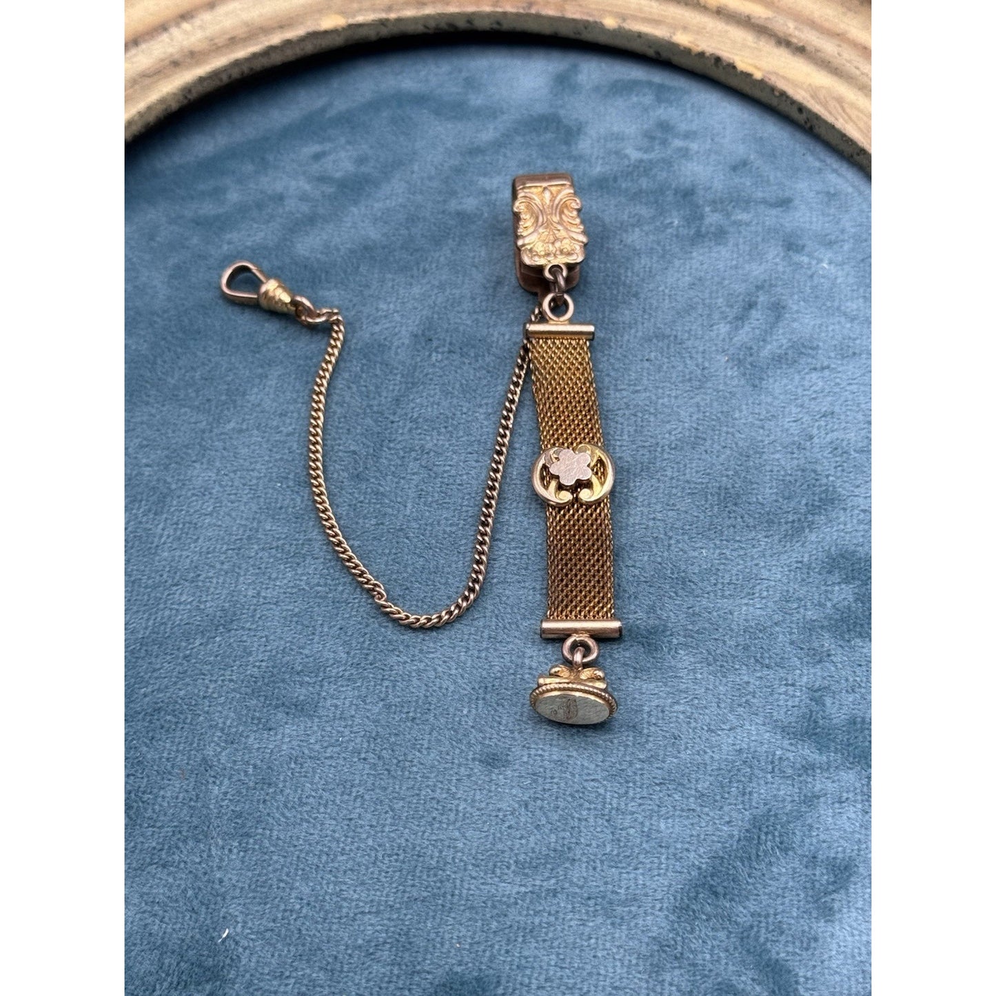 Gold-Filled Watch Fob Strap Monogram Mesh Chain Dog Clip 5.5” HFB Vintage
