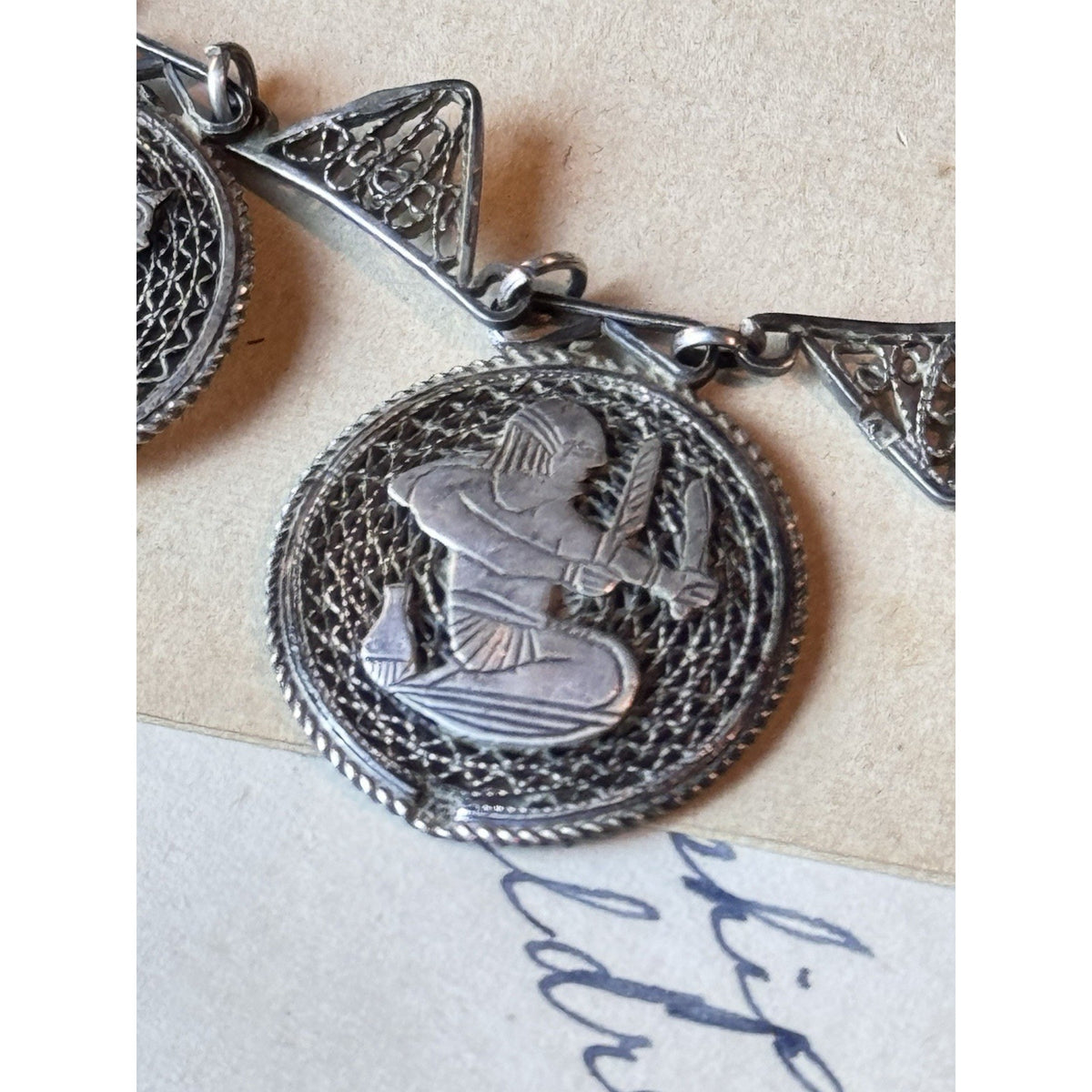 Egyptian Revival Necklace Pharaoh Pyramids Elephant Silvertone Filigree 18”