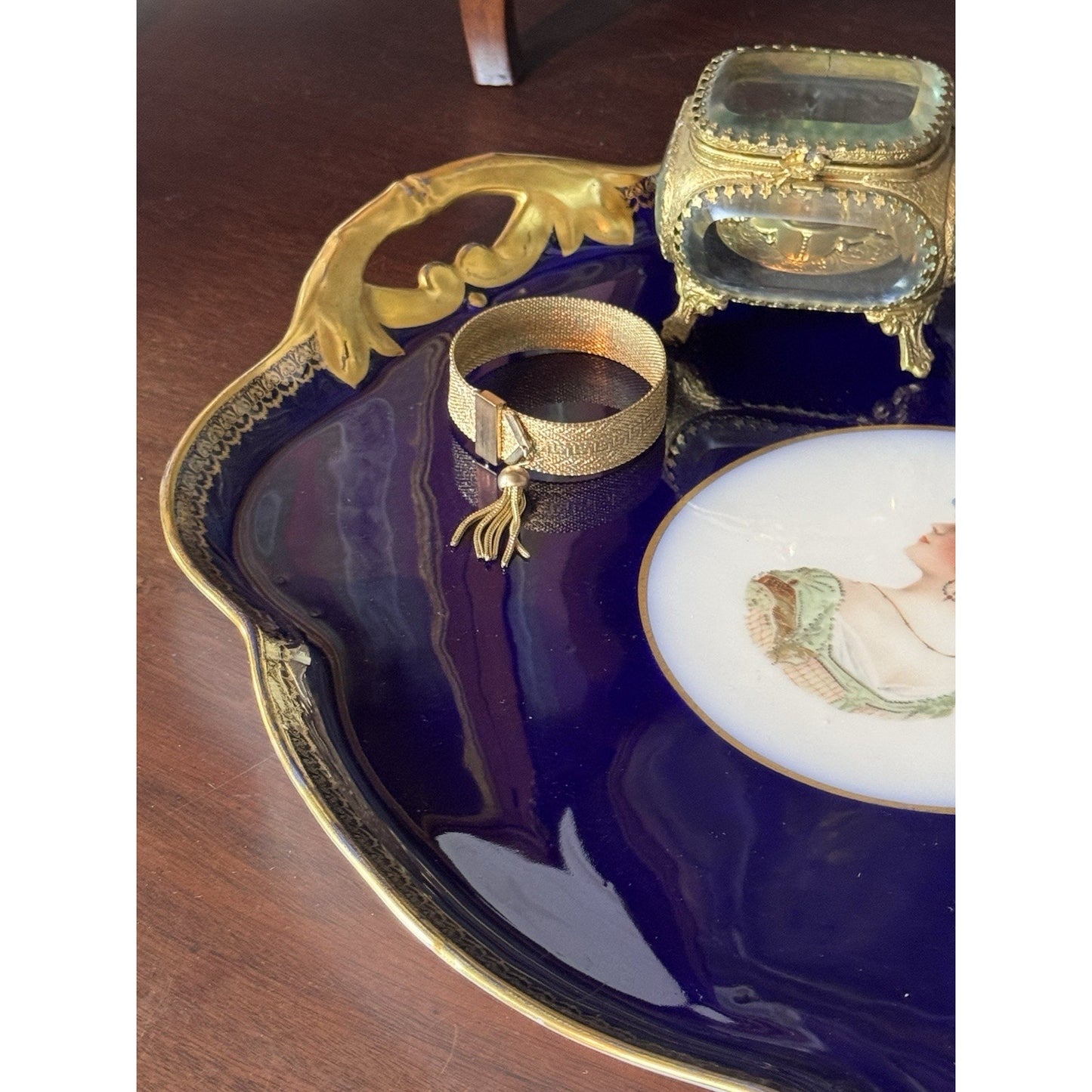 Limoges France Vanity Tray Guerin Cobalt Blue Gold Portrait Porcelain 17.75”