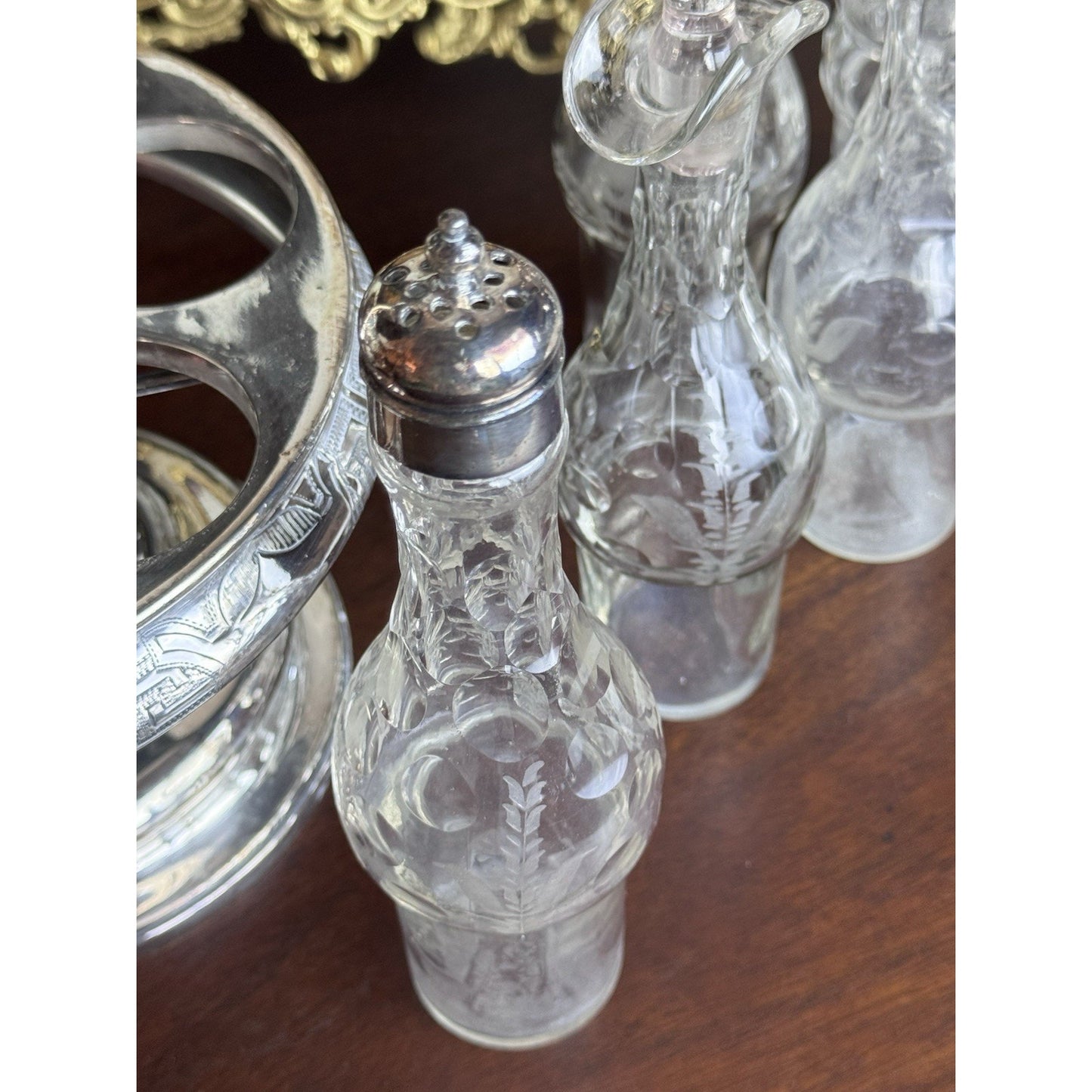 Antique Rogers Smith Silverplate Cruet Set Etched Glass 6 Bottles 13.5” Tall