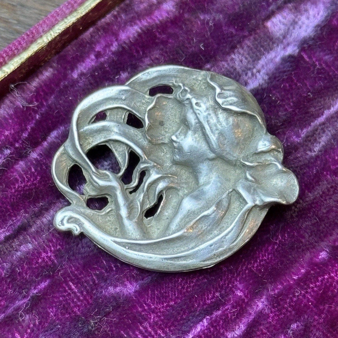 Vintage Sterling Silver Art Nouveau Lady Brooch Pin 925 Figural Maiden 1.25”