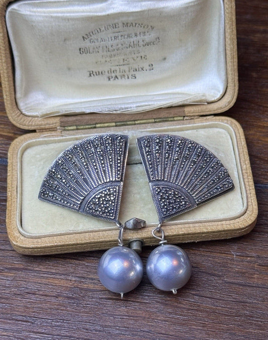 Vintage 925 Sterling Silver Marcasite Fan Drop Earrings Gray Bead Art Deco 2”