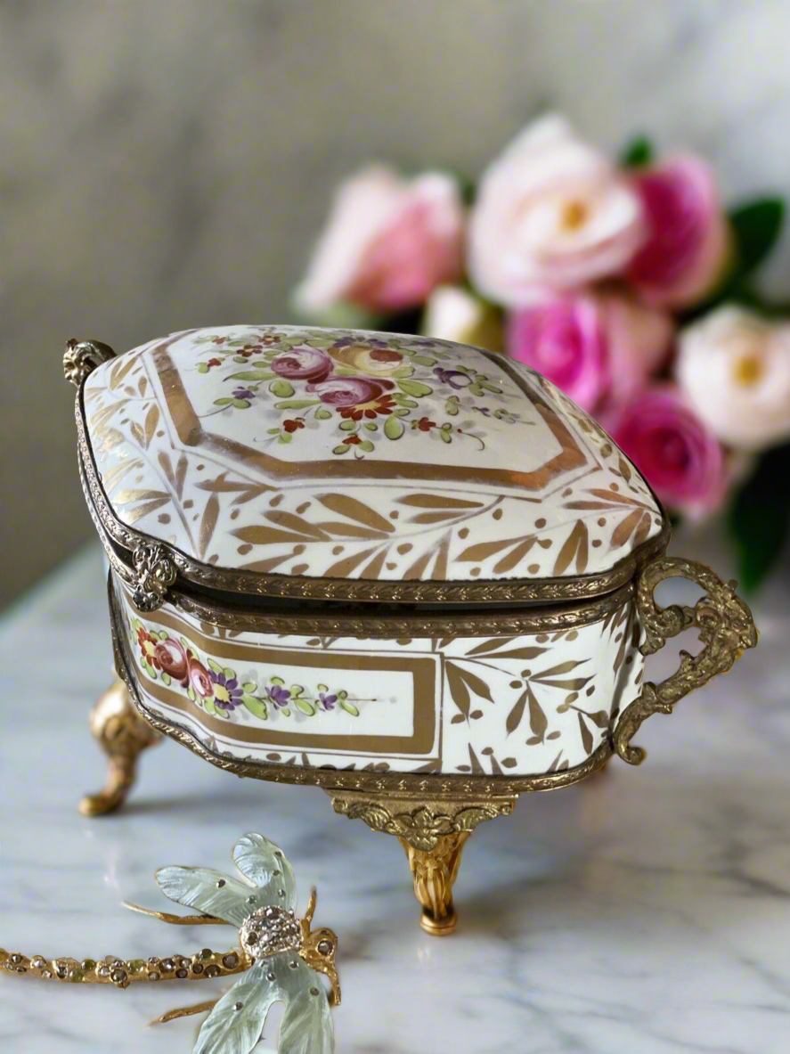 French Ormolu Jewelry Case LG Rose Gold Decor Porcelain Made In France ANTIQUE