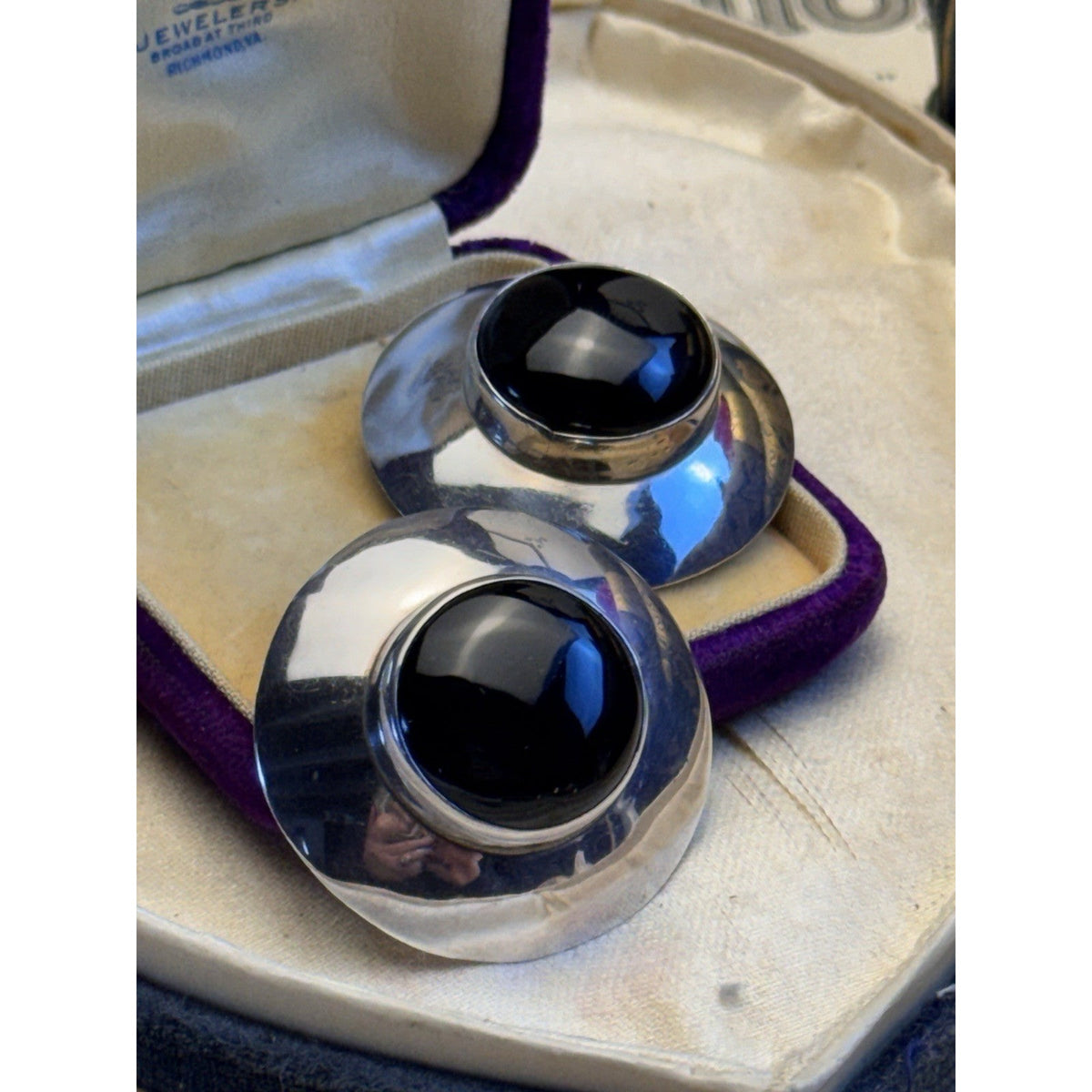 C&S Sterling Silver Black Onyx Post Earrings Round Modernist Statement 1 3/8”