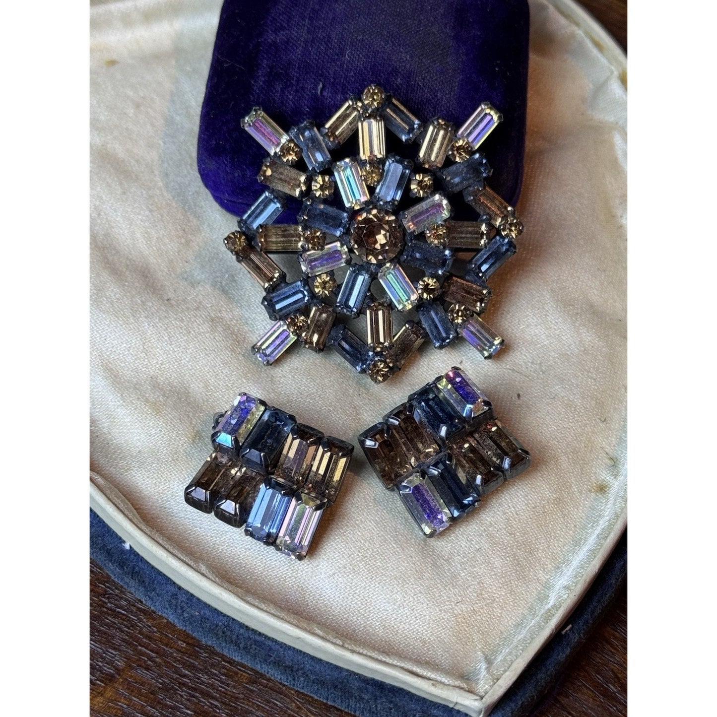 Signed Weiss Blue Bronze AB Rhinestone Demi Parure