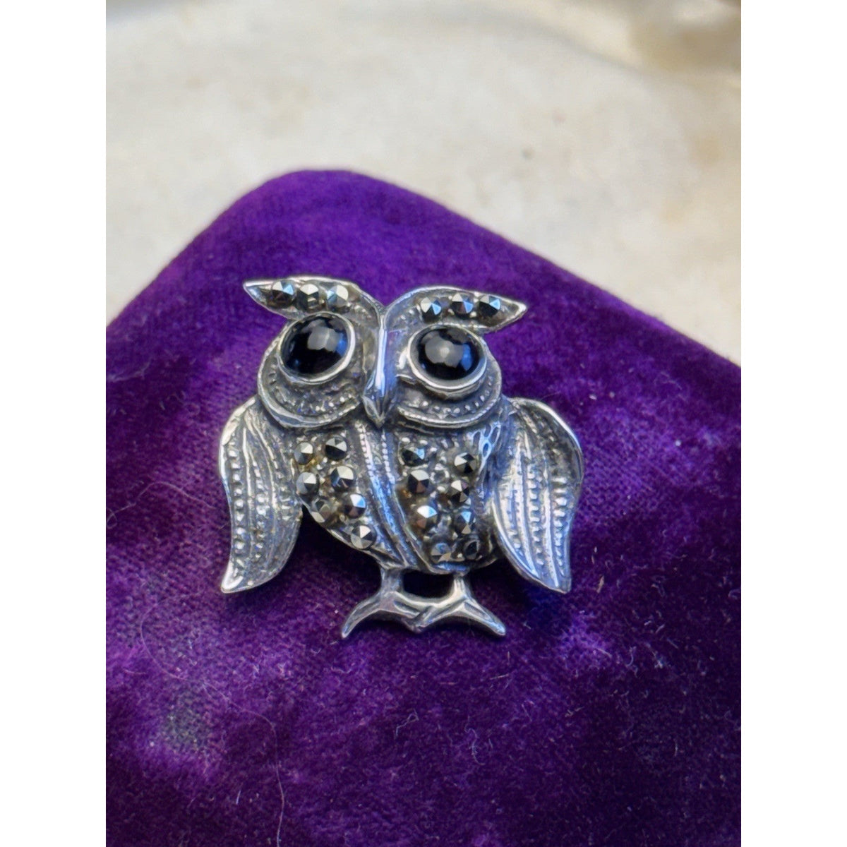 Owl Brooch Sterling Silver Marcasite Black Onyx Eyes Detailed Bird Pin 1”