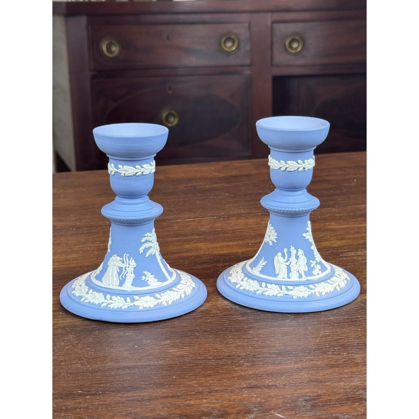 Wedgwood Blue Jasperware Candlestick Pair NEOCLASSICAL Figures 1982 4.75”