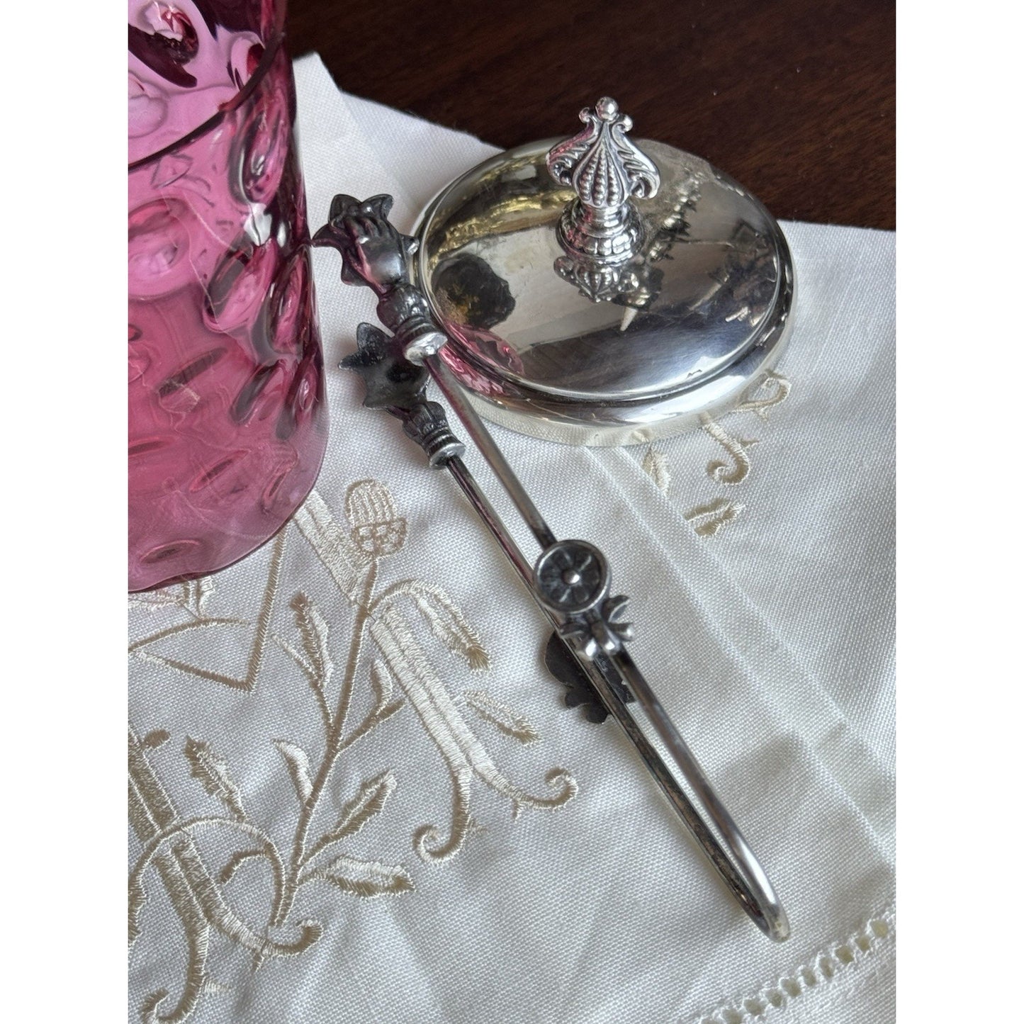 Antique Pickle Castor Cranberry Thumbprint Glass Silverplate Lid Tongs Jar Chips on Rim!!!