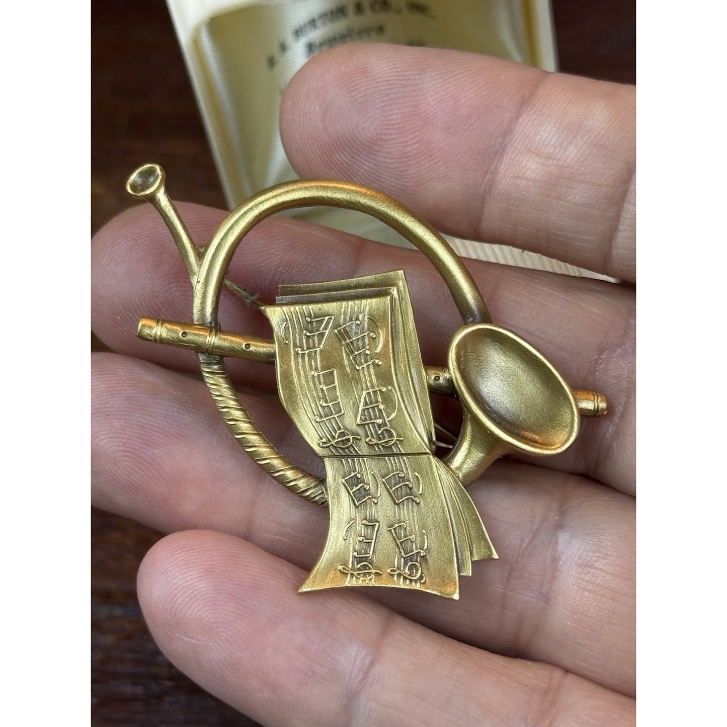 Vintage Brooch Goldtone French Horn Sheet Music Signed Old Salem 2”