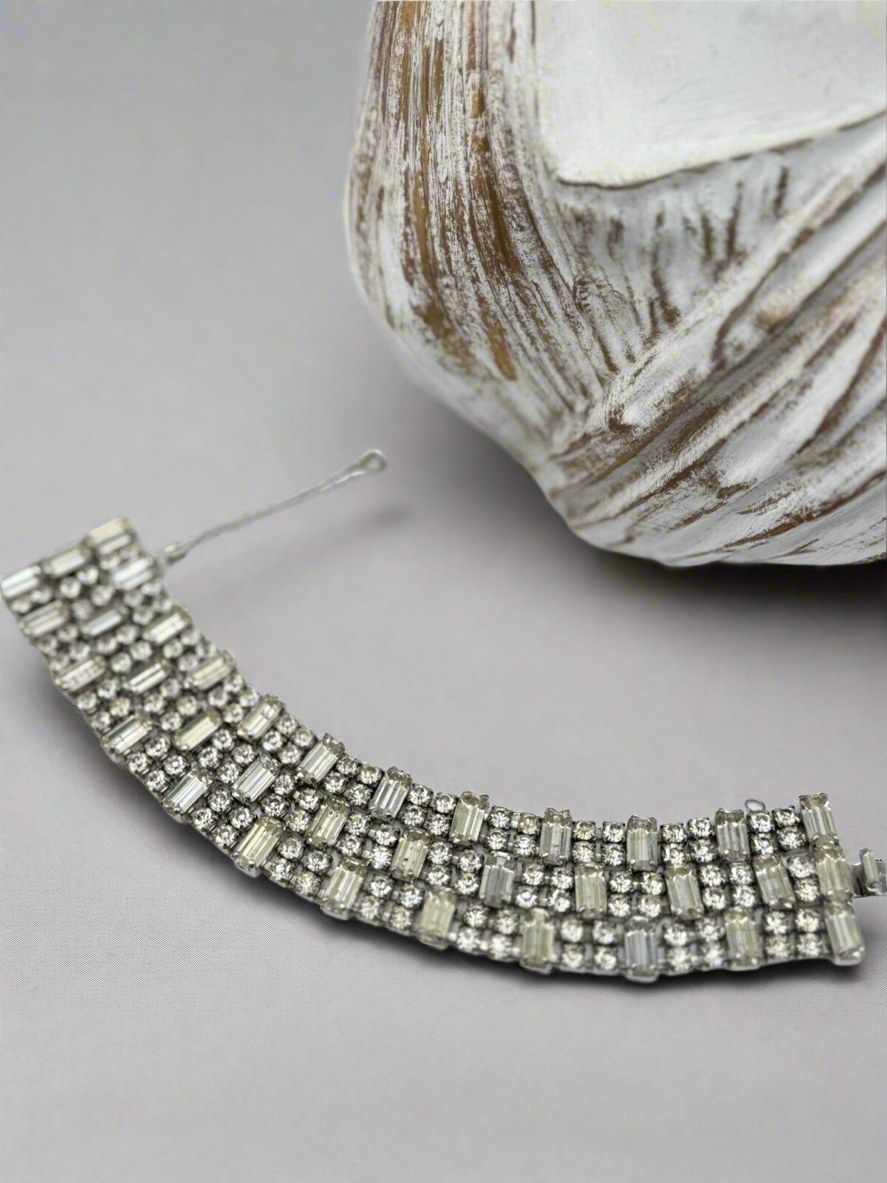 Vintage WIDE Rhinestone Bracelet 3 Row Clear 1950-60s Estate Find 7.5”l