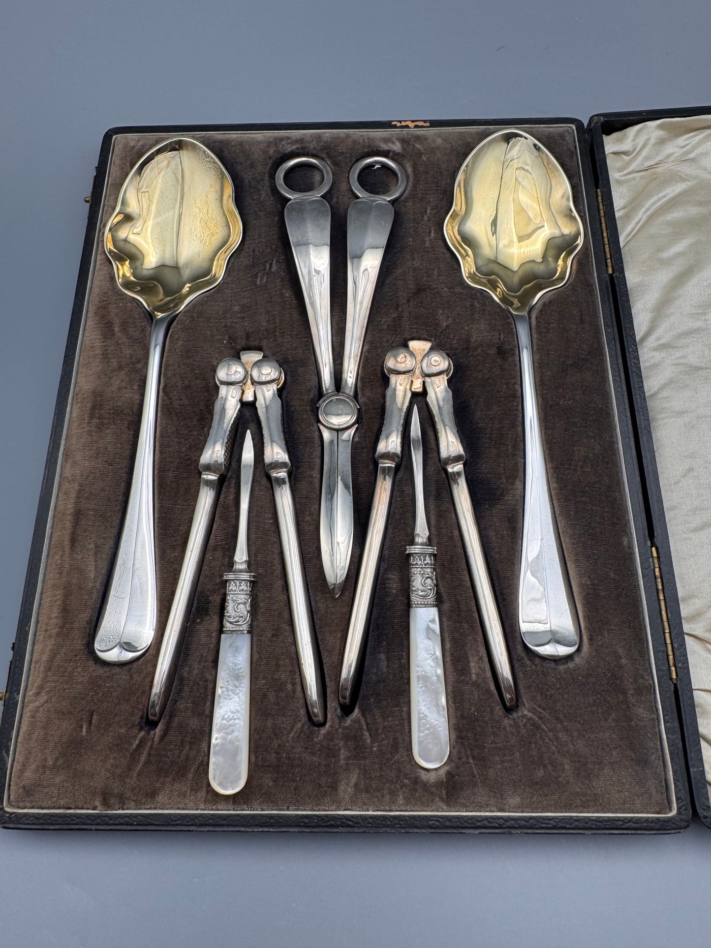 Vintage Dessert Set Walker Hall Sheffield Silver-plate Gold Wash Berry Spoons, Grape Shears, Nutcrackers & Picks MOP in Case
