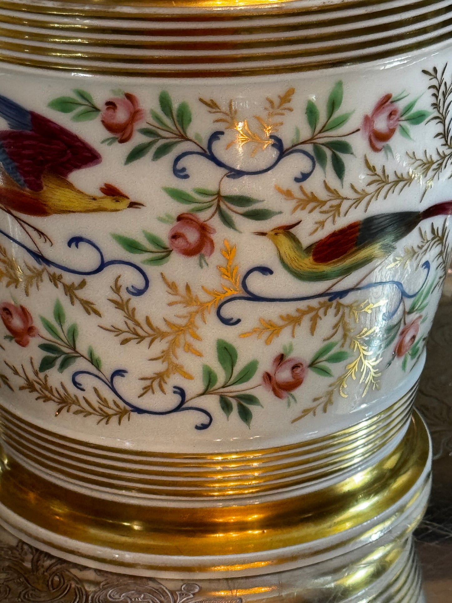 Antique Paris Porcelain Cachepot Planter Pair Hand Painted Bird Motif 19th Century