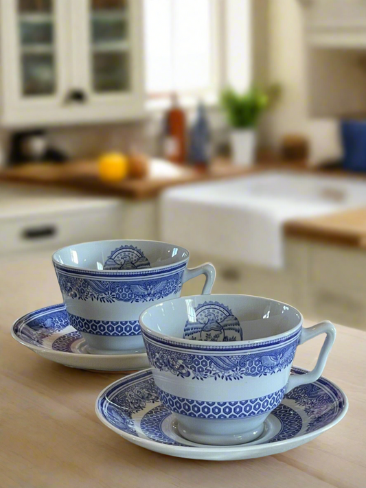 Blue & White Transferware 2 Cups & Saucers VINTAGE Copeland Spode HERITAGE