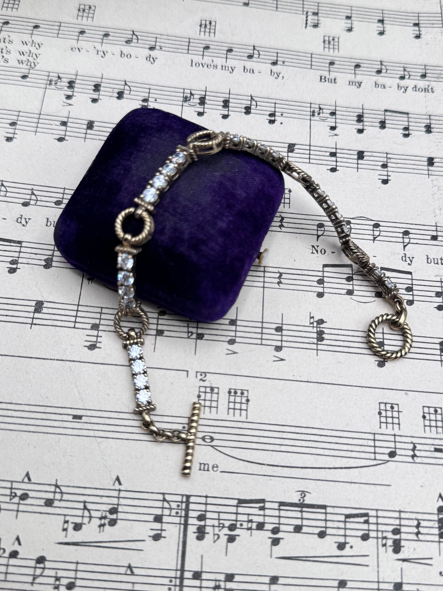 Sterling Silver CZ Toggle Bracelet Gold Plated Thailand Rope Link 7.5” Vintage