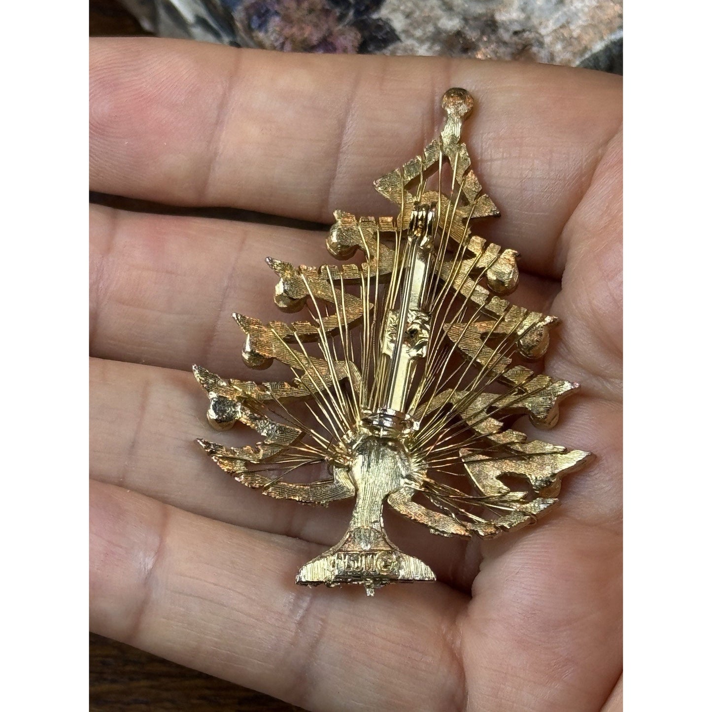 Vintage LJM Rhinestone Christmas Tree Brooch Goldtone Harp Wire Holiday Pin