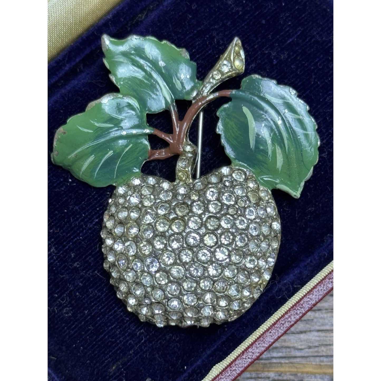 Vintage Rhinestone Apple Brooch Green Enamel Leaves Figural Fruit Pin