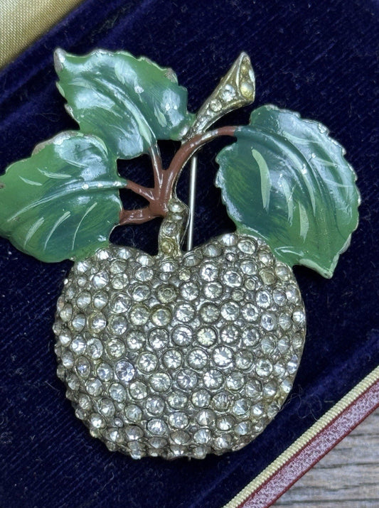 Vintage Rhinestone Apple Brooch Green Enamel Leaves Figural Fruit Pin