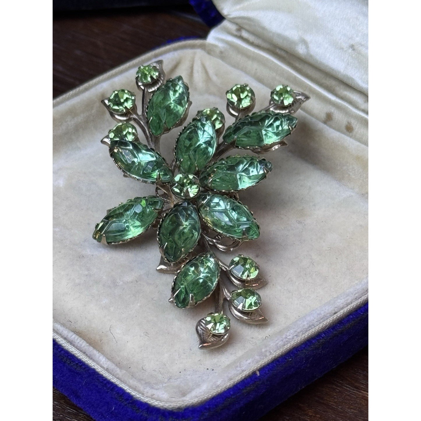 Green Brooch Lucite Rhinestone Goldtone Floral Spray Pin 2.75” VINTAGE